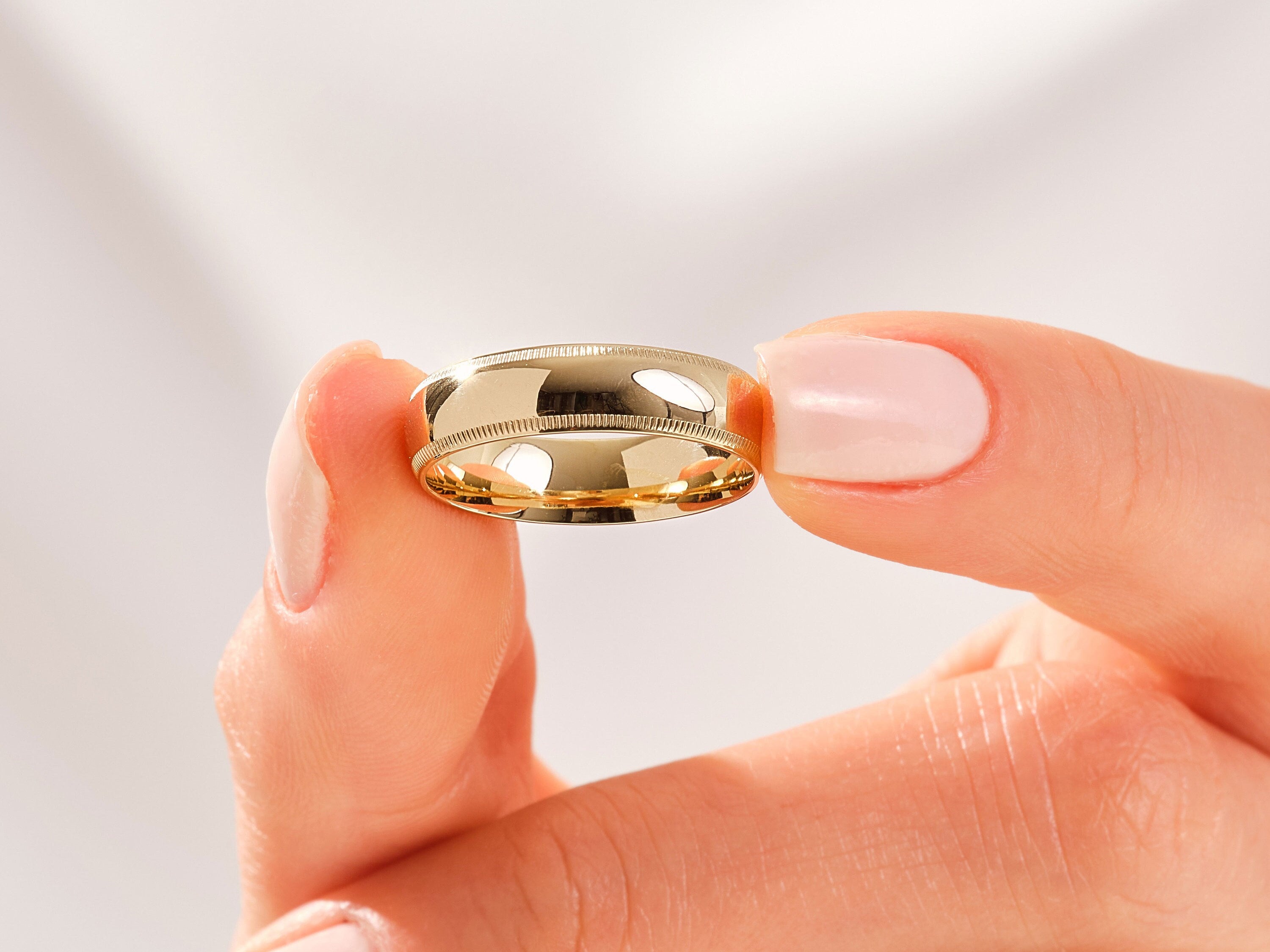 18K Yellow Gold Milgrain Wedding Band, 5mm Polished Comfort Fit