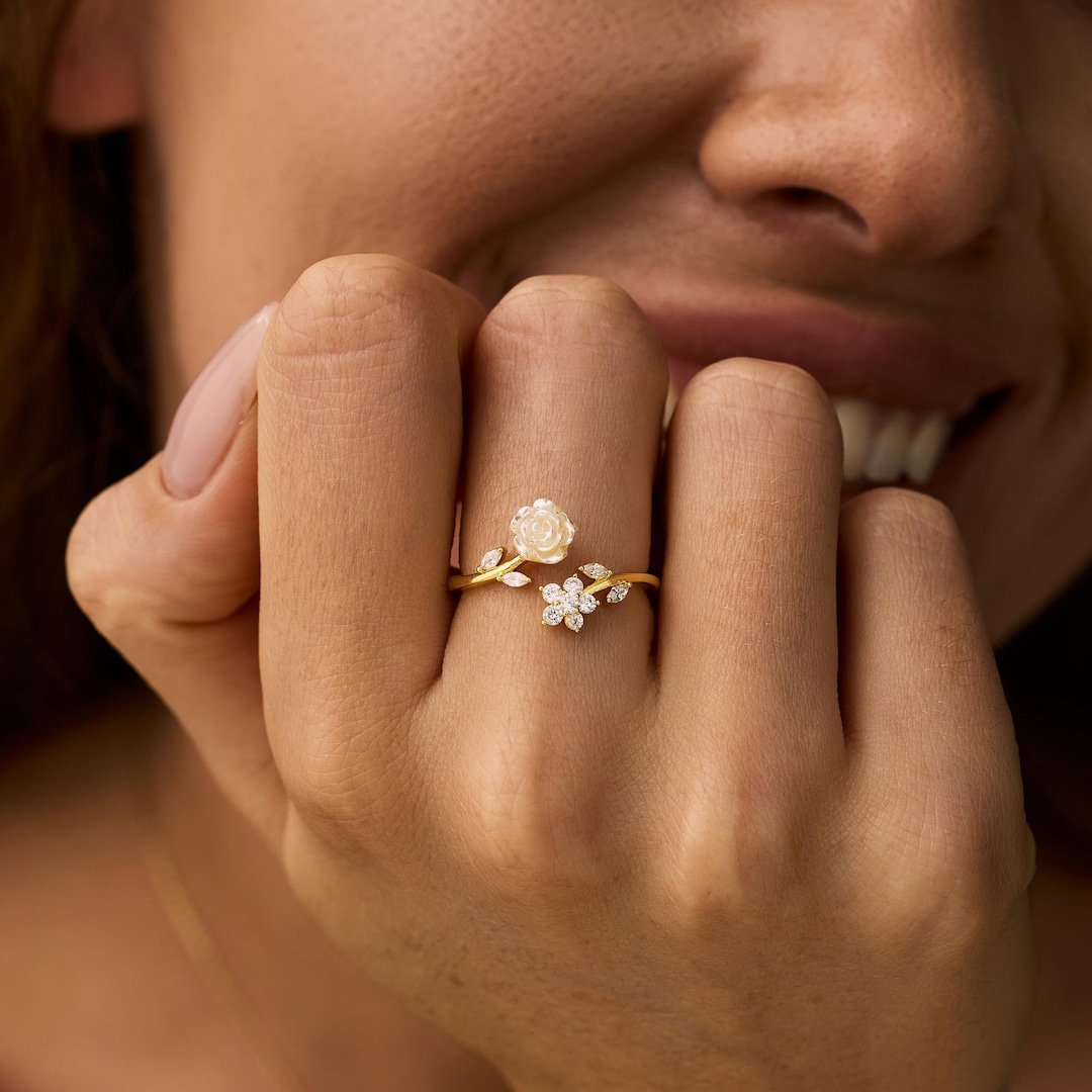 Gold Plated Camellia Flower Ring, Adjustable Open Floral Ring