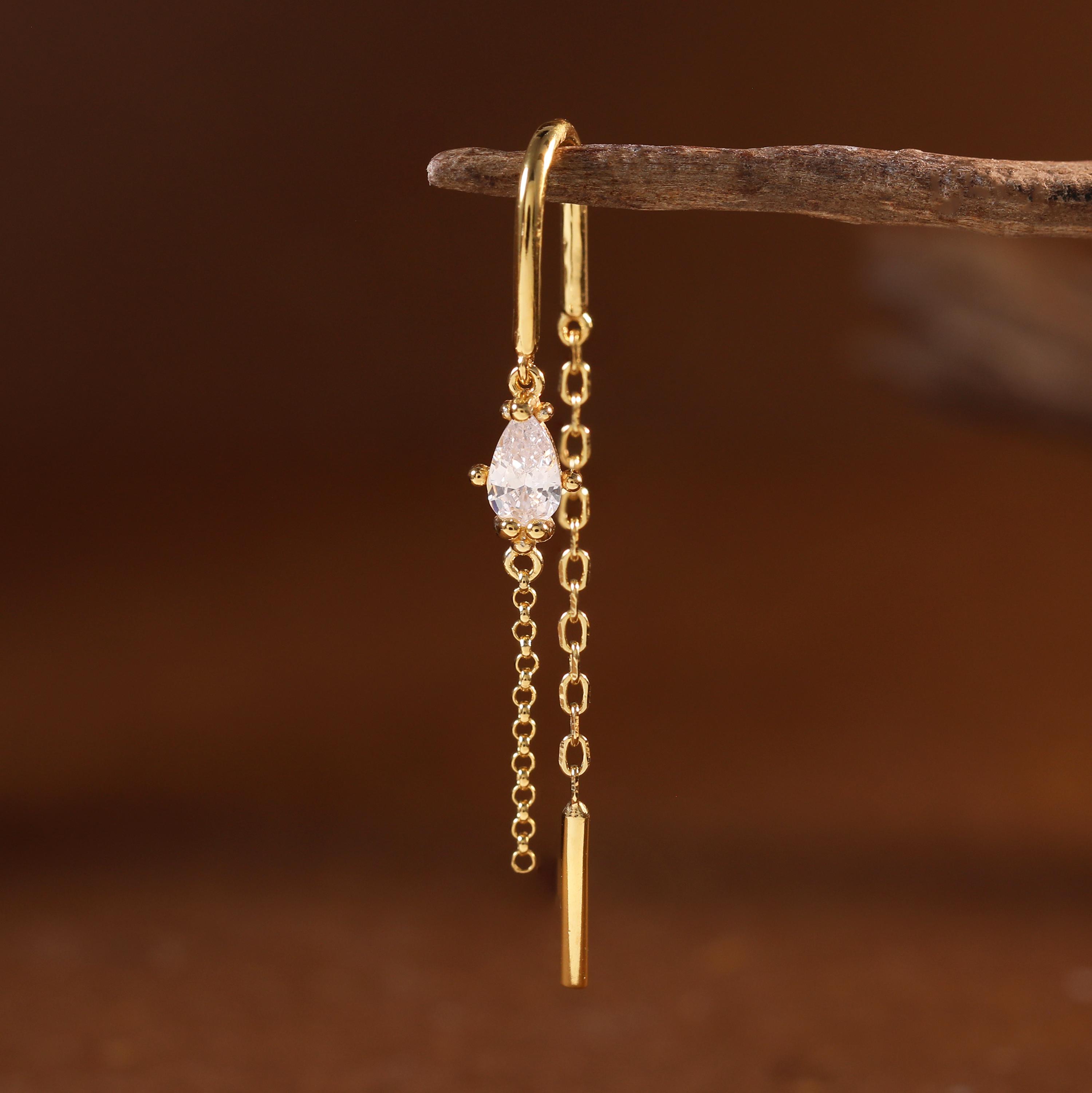 Sterling Silver Teardrop Threader Earrings with Pear Cut Zircon