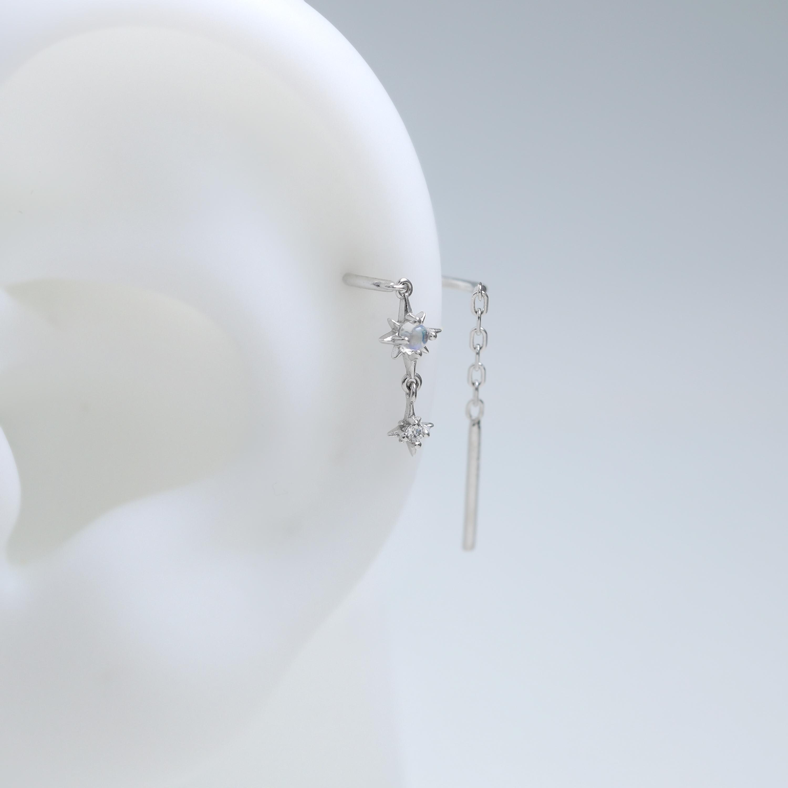 14K Gold Plated Moonstone and Moissanite Star Threader Earring