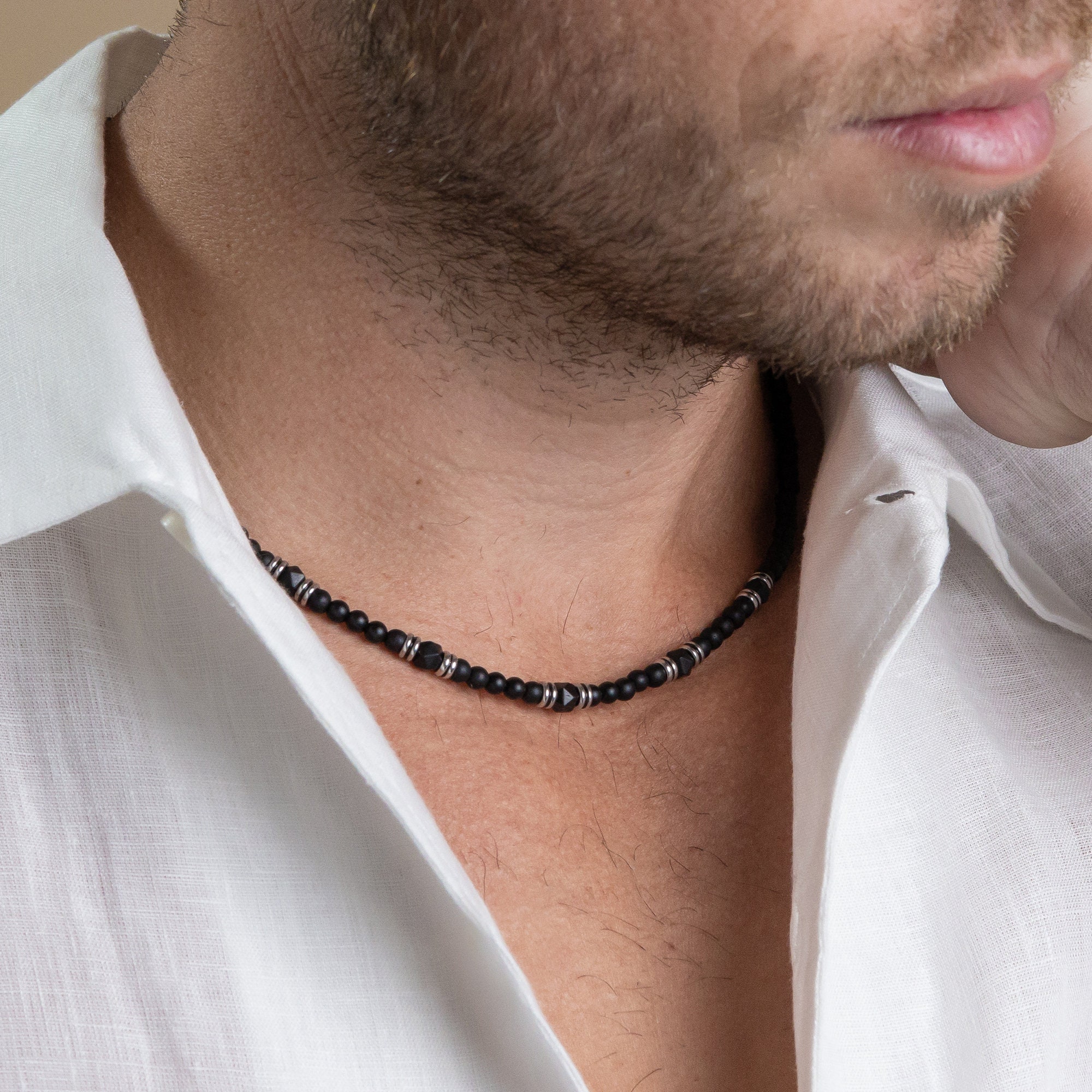 Black Onyx and Stainless Steel Beaded Necklace for Men