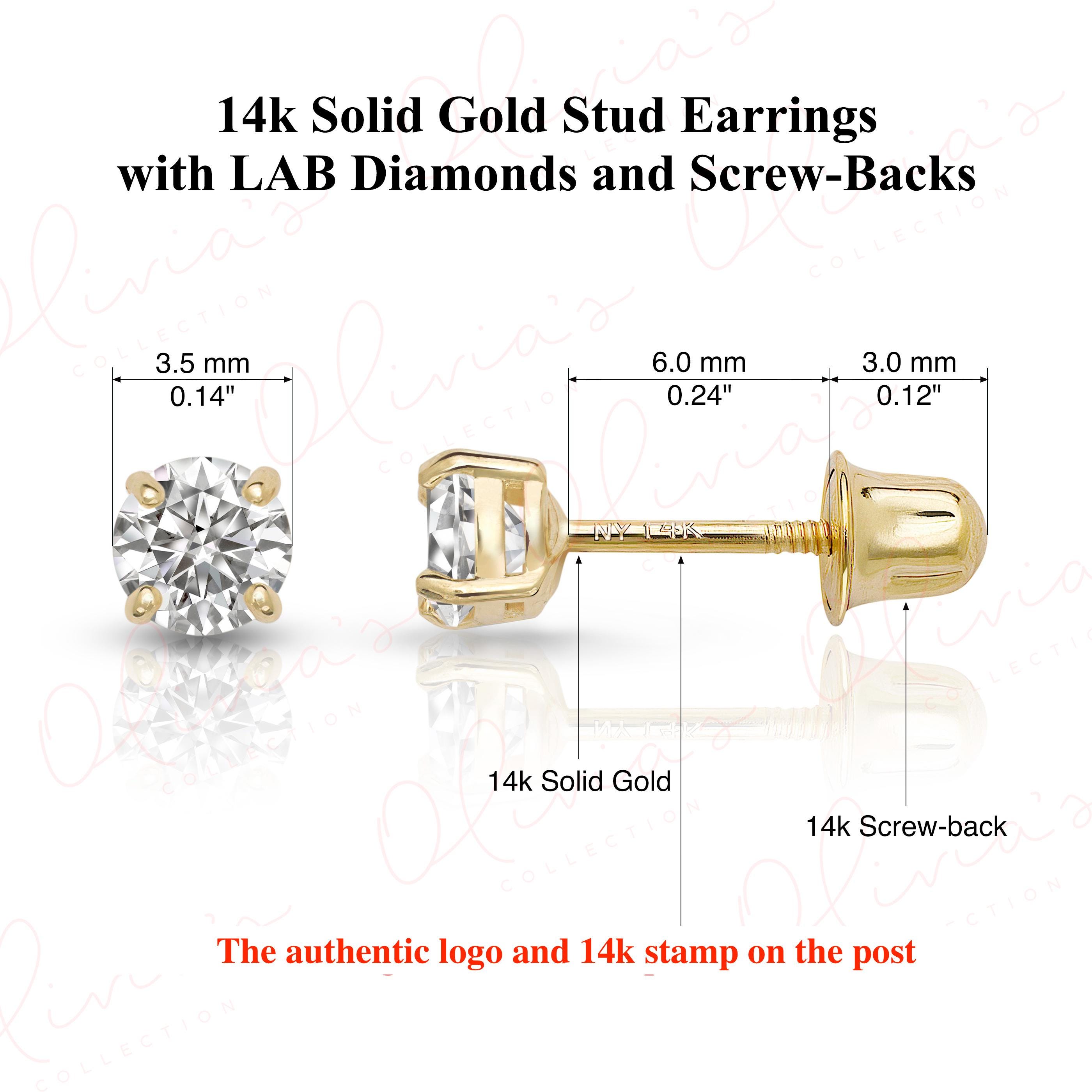 14K Solid Gold Lab-Grown Diamond Stud Earrings with Screw Backs, White or Yellow