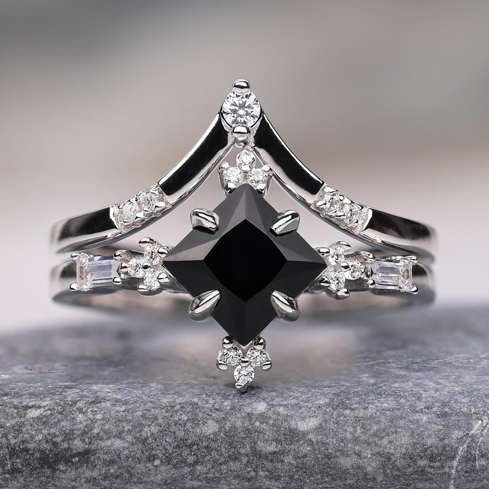 Black Tungsten Meteorite Band and Sterling Silver Salt and Pepper Ring Set