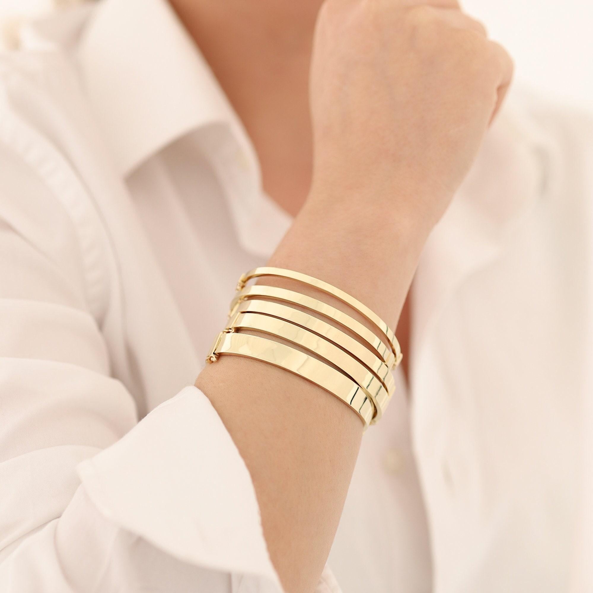 14K Gold Oval Hinged Bangle, 3mm Engraved Cuff