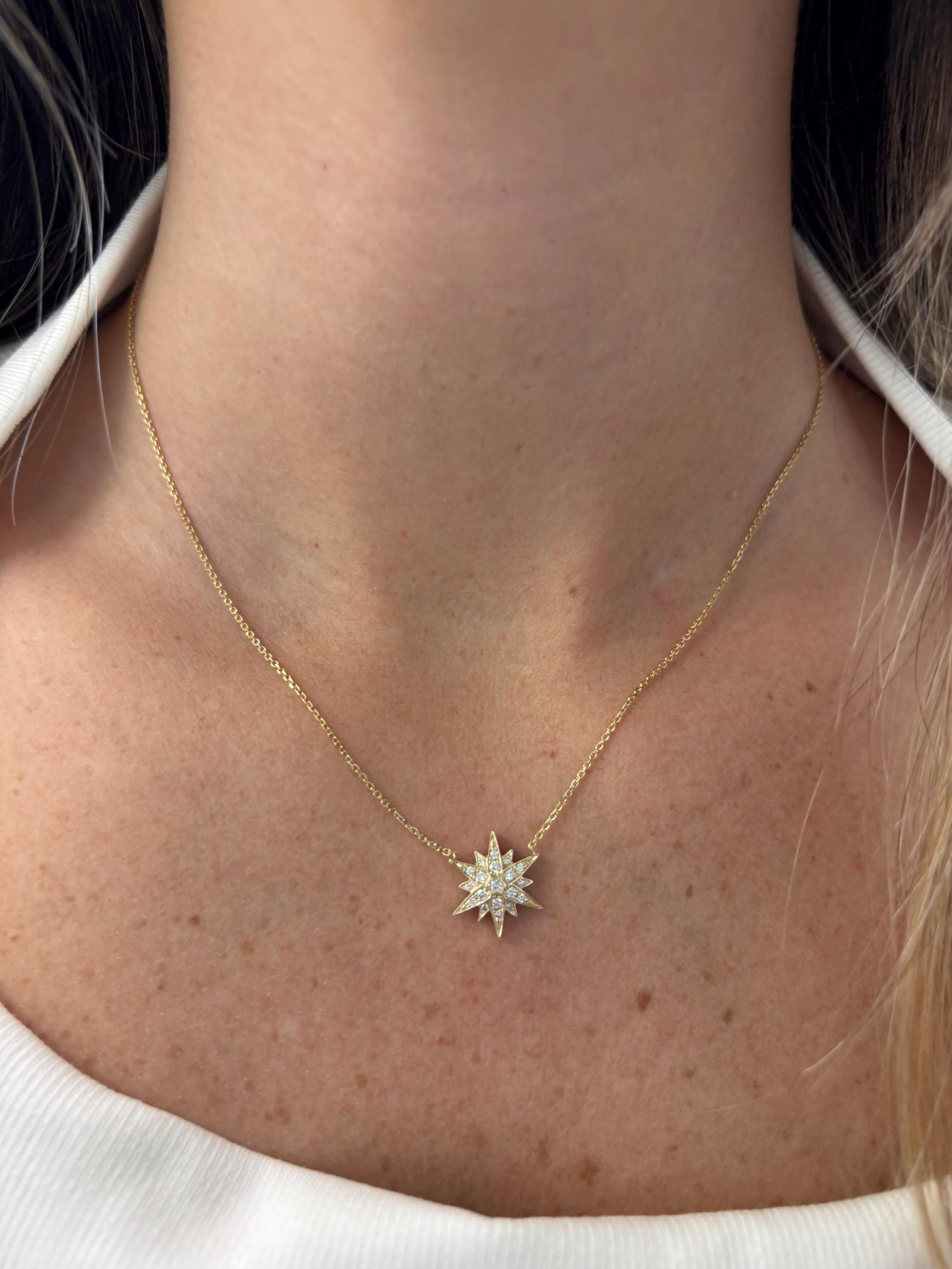 14K Solid Gold Starburst Diamond Pendant Necklace