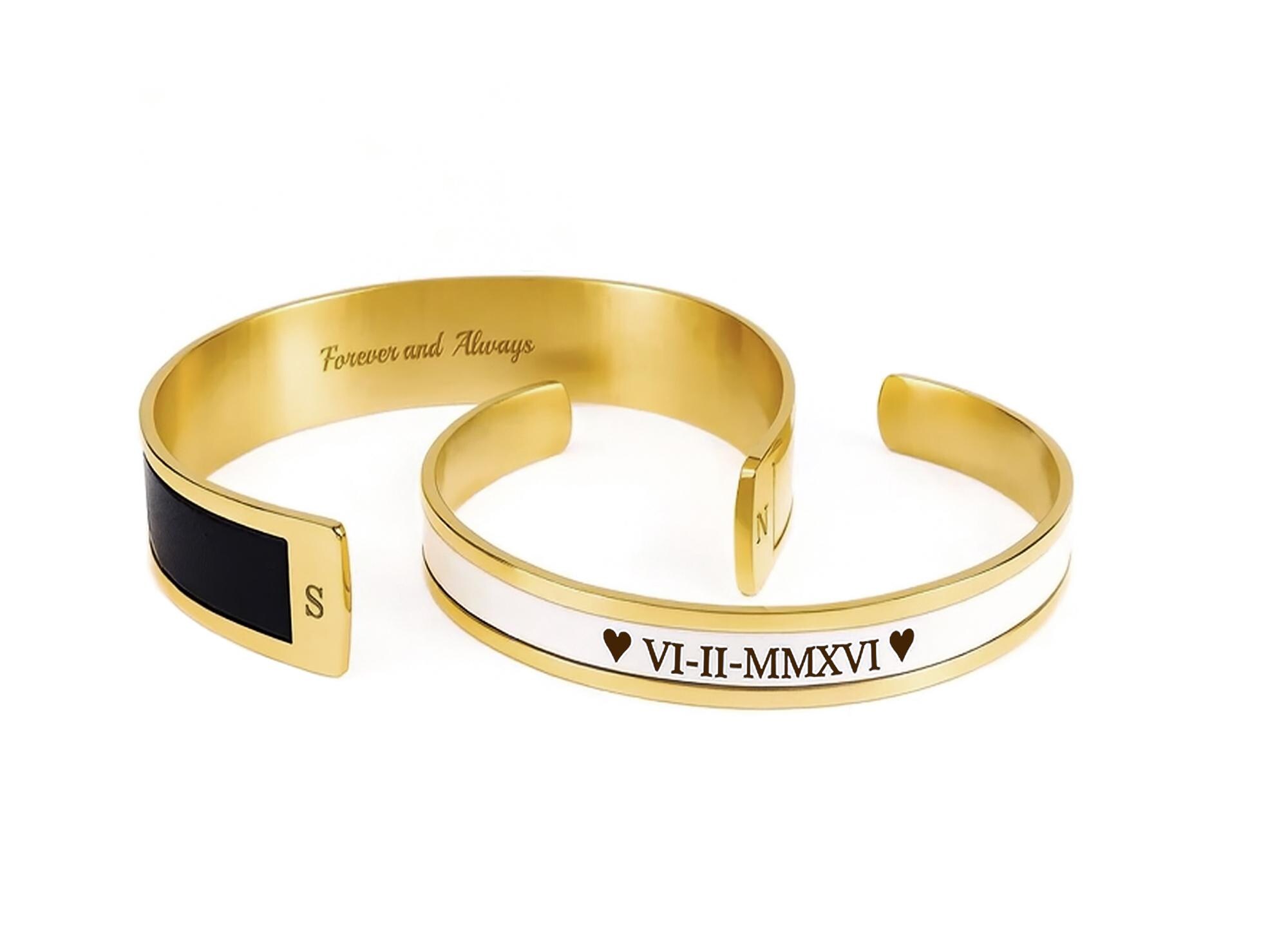 Personalized Leather and Stainless Steel Couple Cuff Bracelet Set