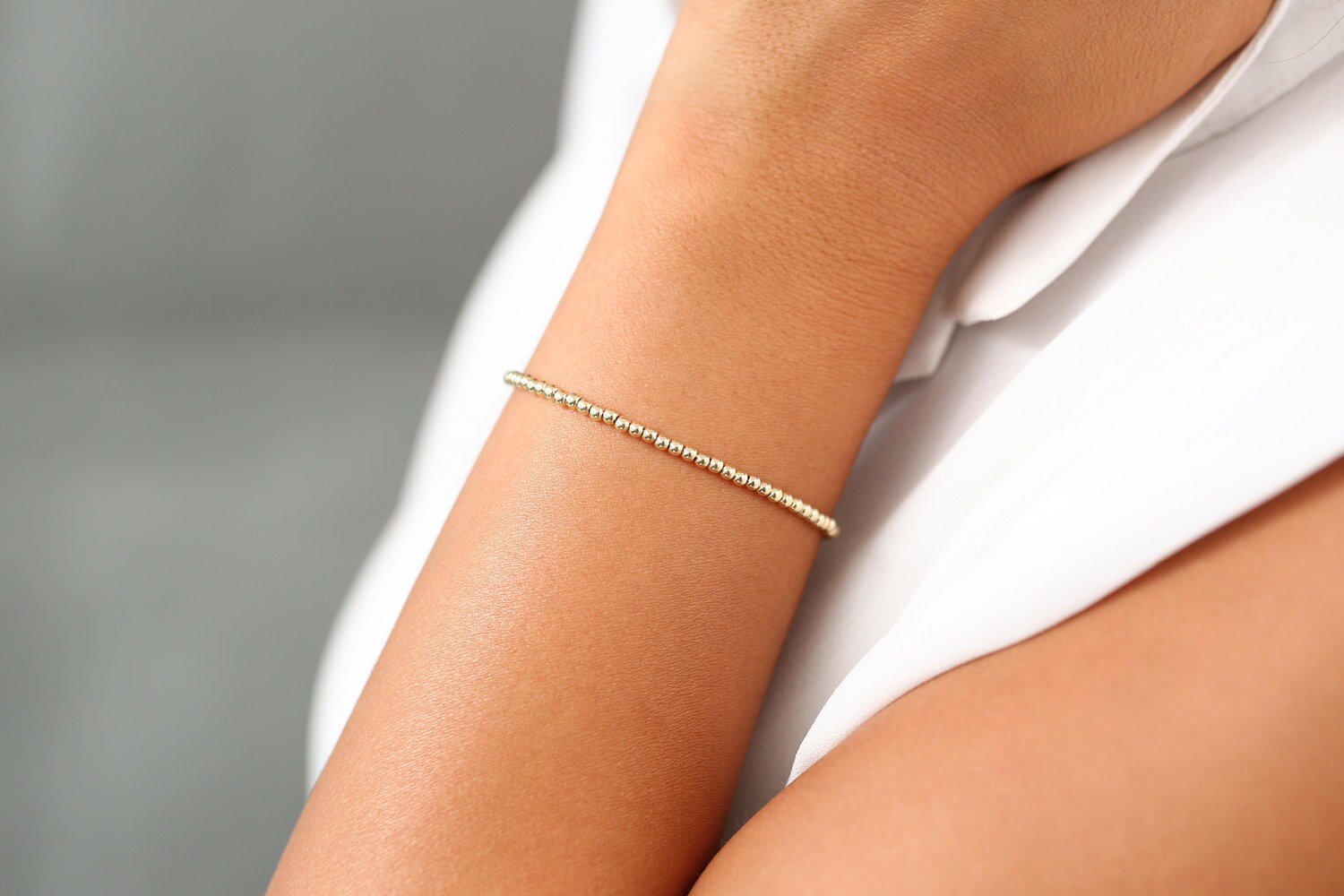 14K Solid Gold 2.5 mm Beaded Bracelet with Inner Cable Chain