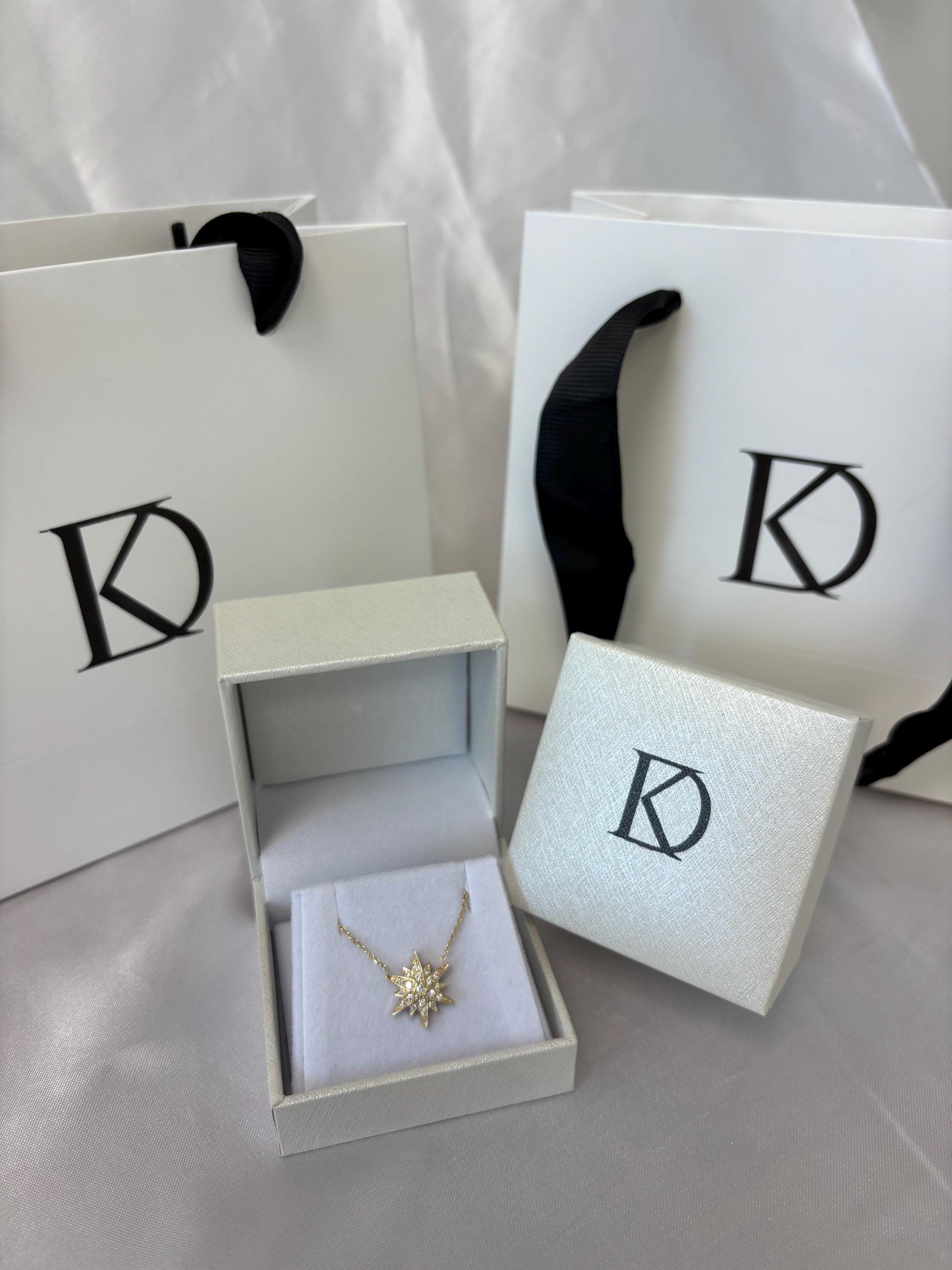 14K Solid Gold Starburst Diamond Pendant Necklace