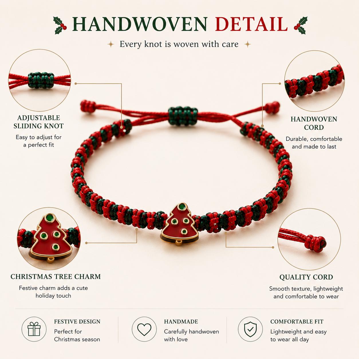 Handwoven Christmas Bracelet with Red and Green Cord and Tree Charm