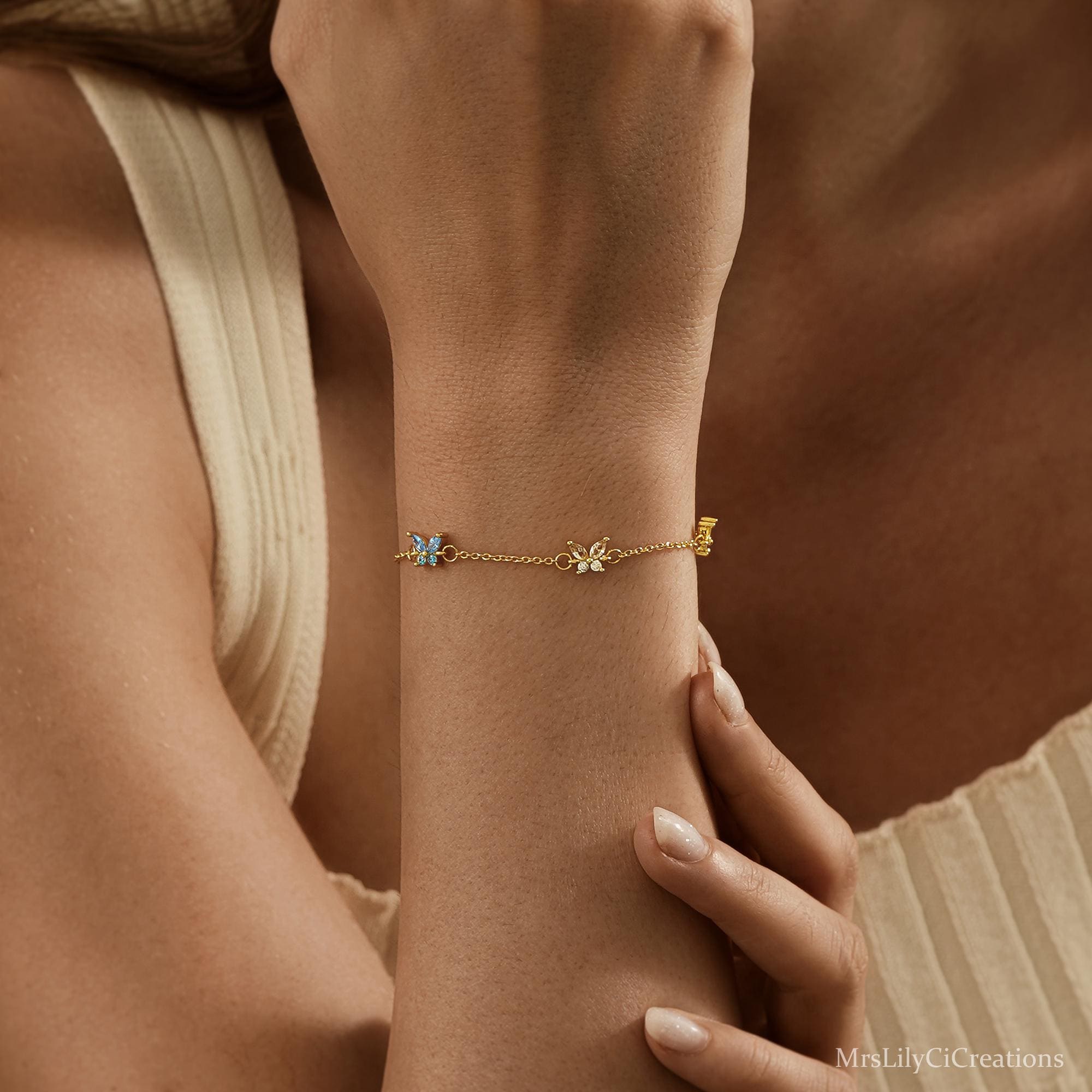 Custom Butterfly Birthstone Bracelet in Silver or 18K Gold Plate