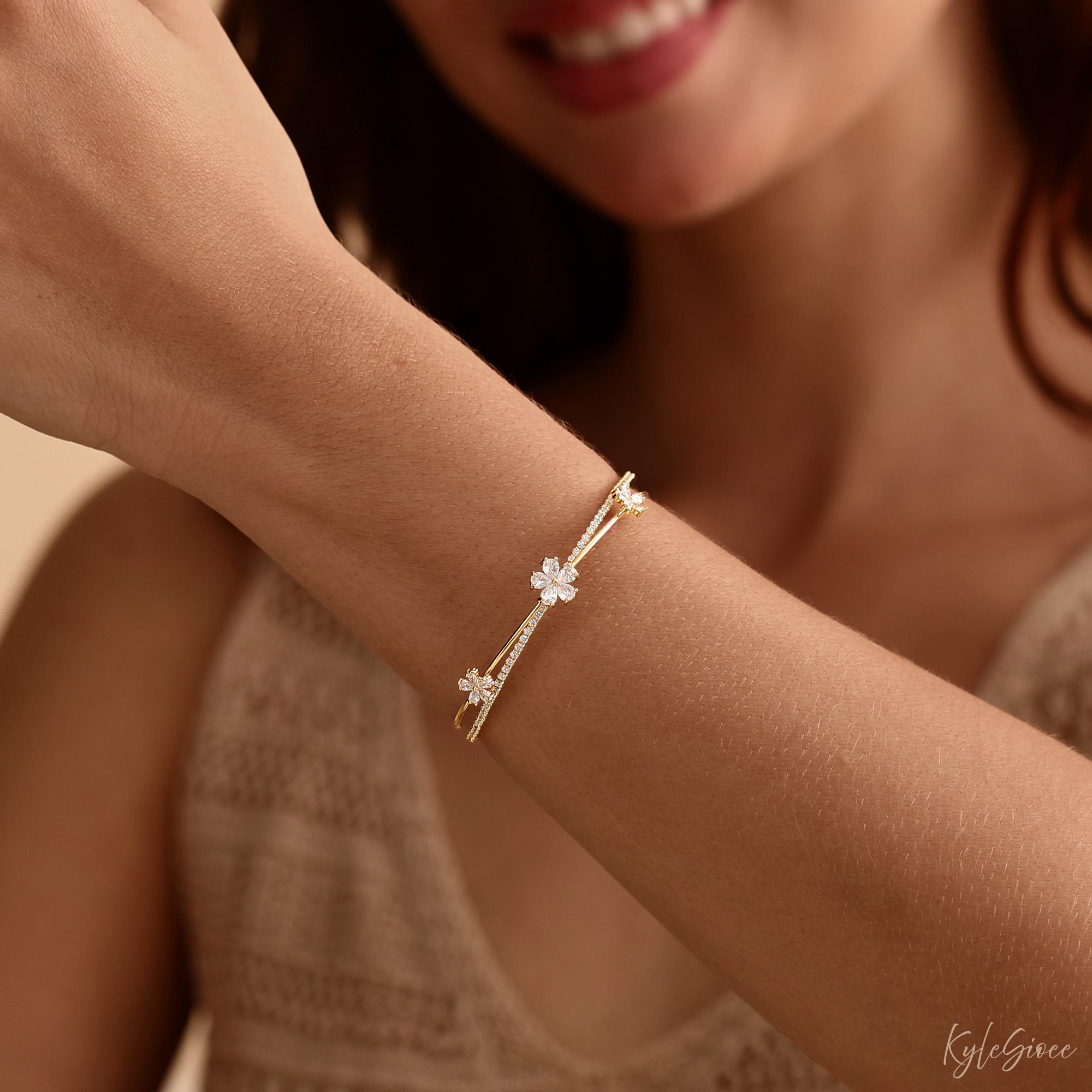 Minimalist Cubic Zirconia Flower Open Cuff Bangle