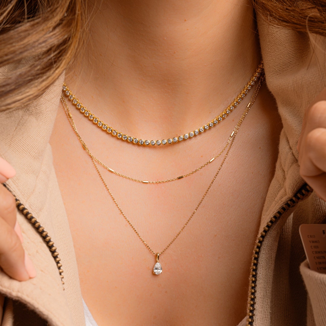 Round Bezel Cubic Zirconia Tennis Necklace with 2.5mm Stones