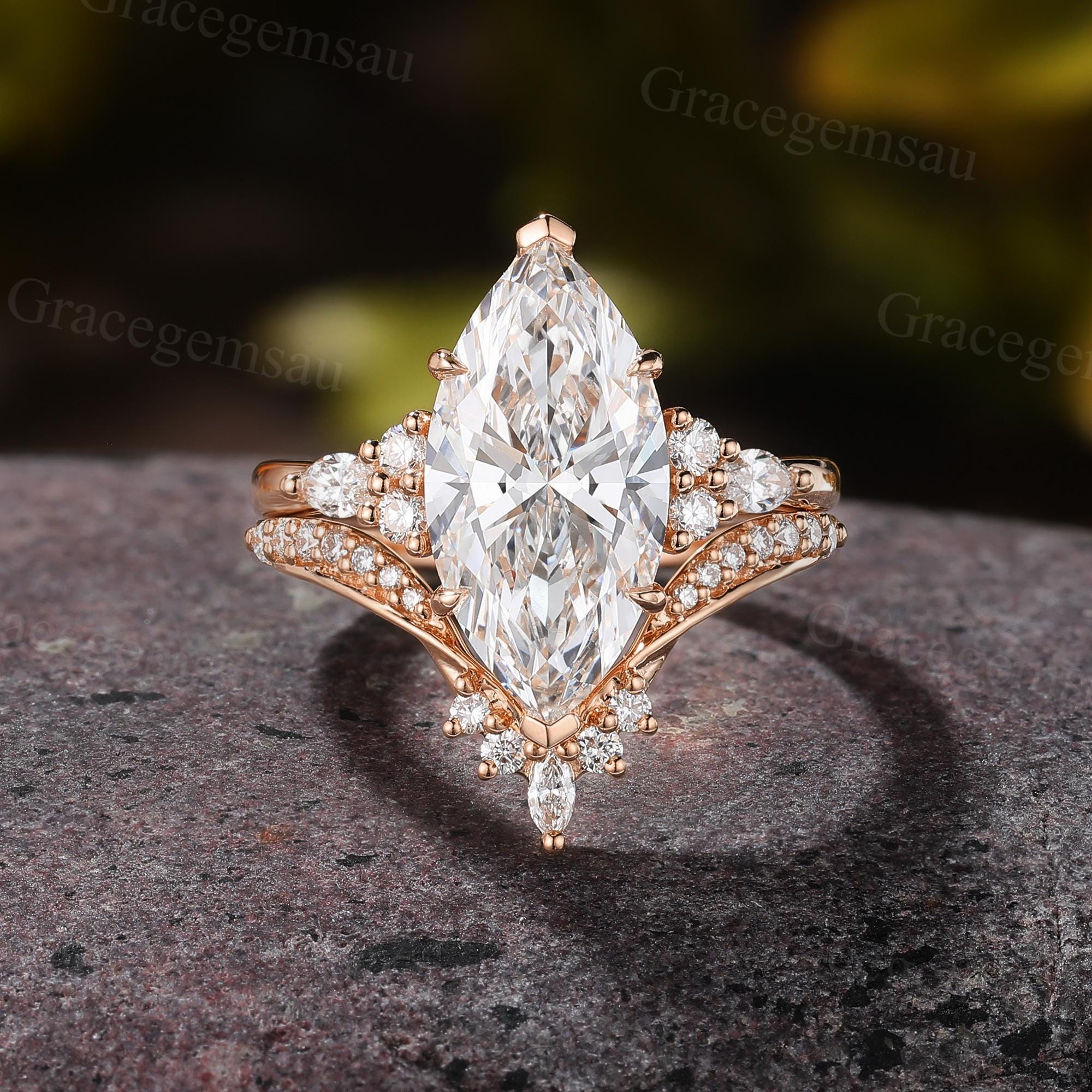 Marquise Lab Grown Diamond Bridal Set, Cluster Prong Filigree