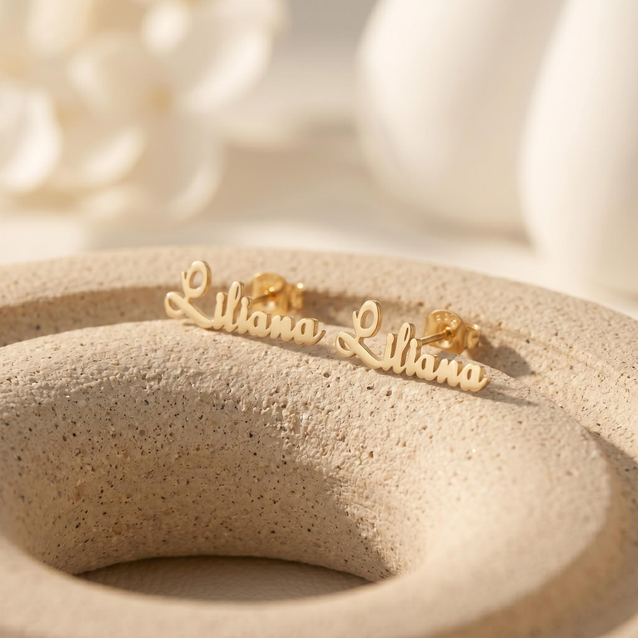 Personalized Name Stud Earrings in Sterling Silver or Copper with 18K Gold Plating