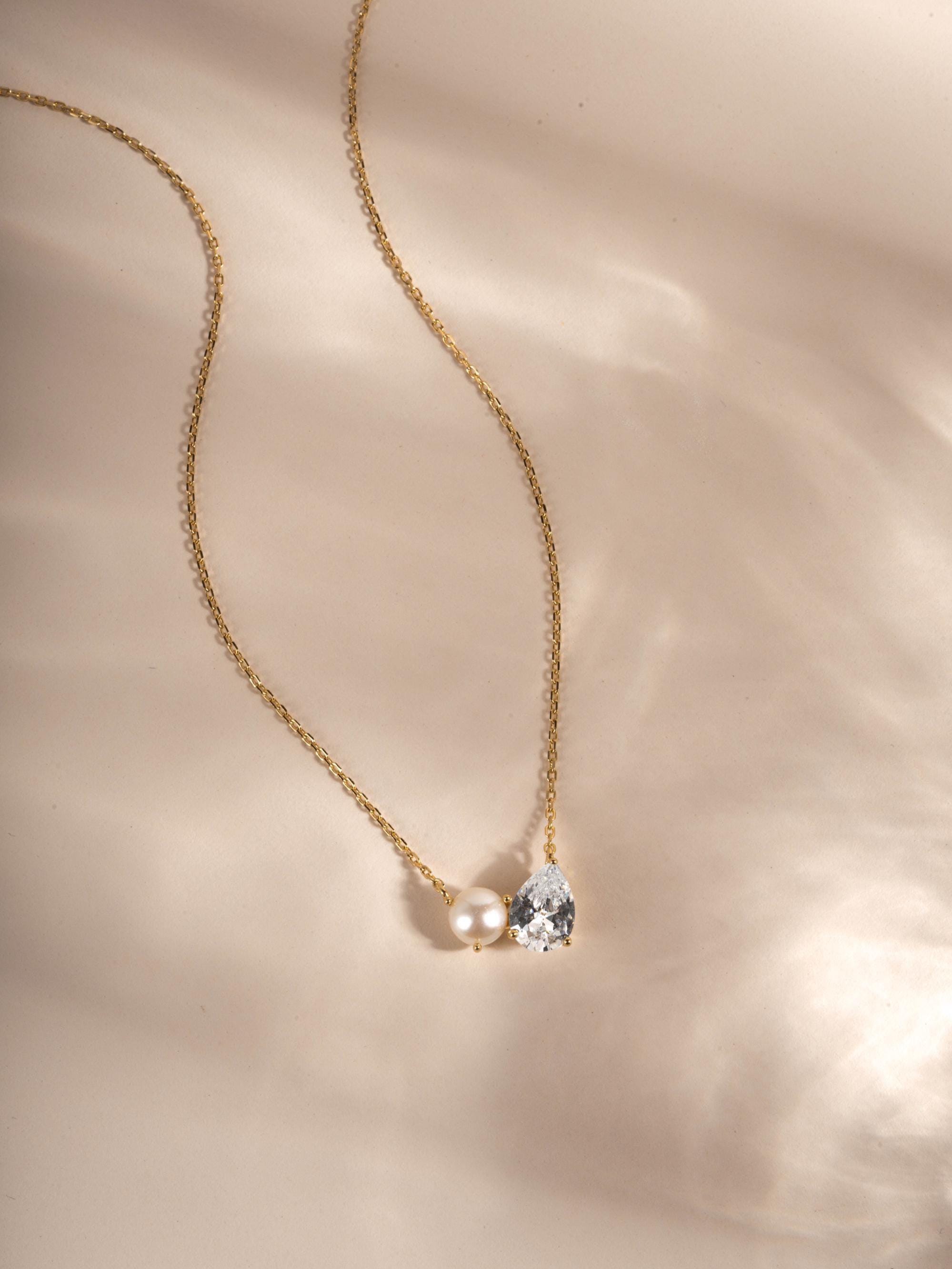 Toi et Moi Necklace with Freshwater Pearl and Pear Cut Stone