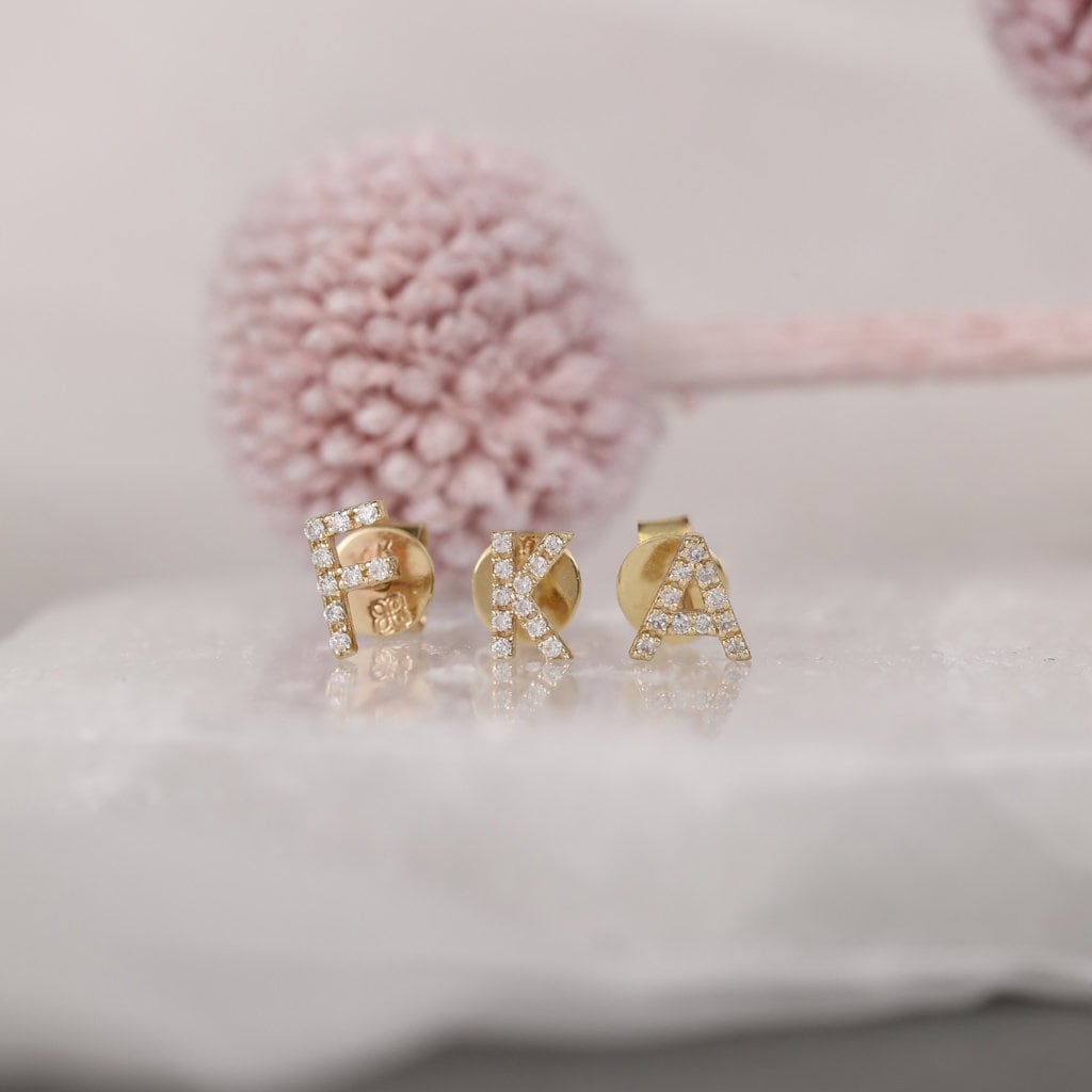 14K Gold Capital Letter Diamond Stud Earrings