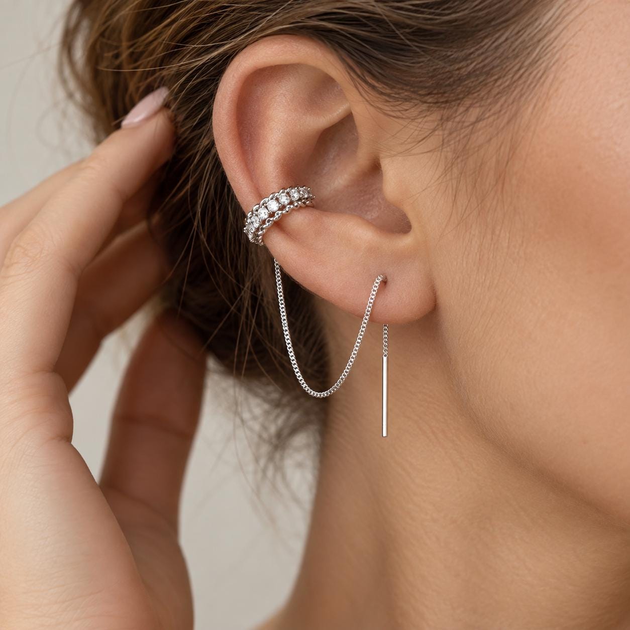Chain Ear Cuff Earrings with Threader Chain in Gold or Silver