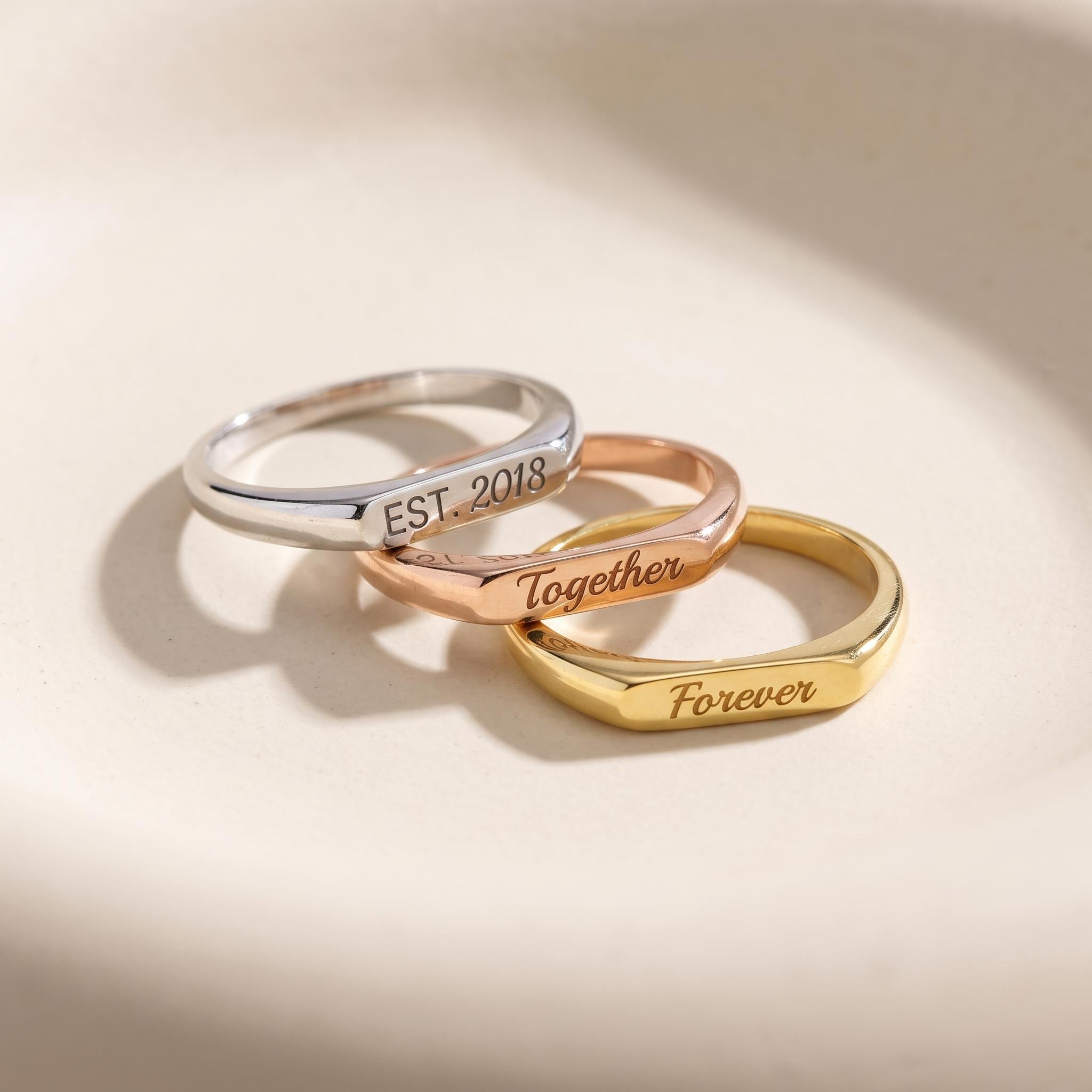 14K Solid Gold Engraved Bar Name Ring, Custom Signet Band