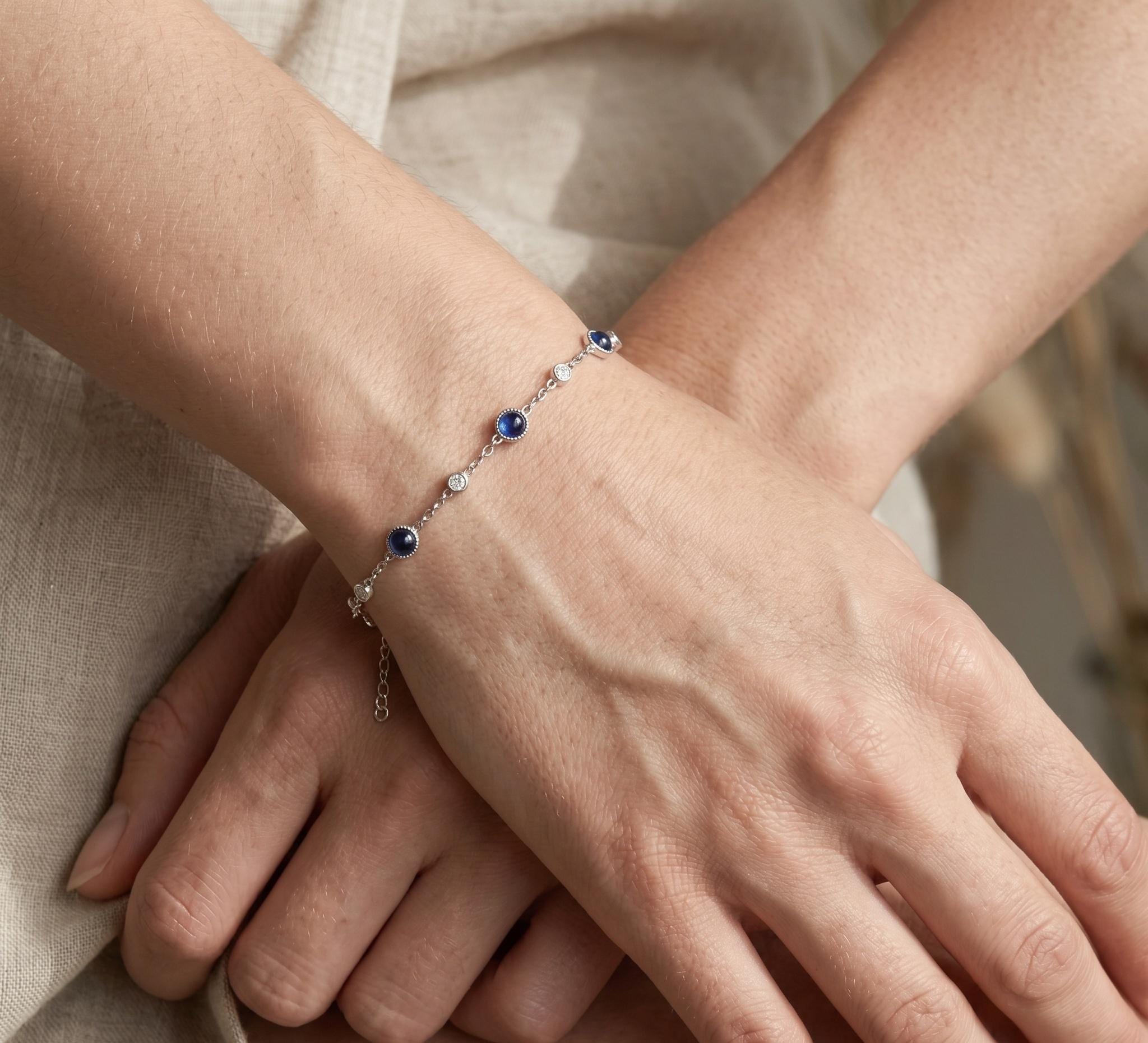 14K Gold Filled Blue Sapphire Station Bracelet, September Birthstone