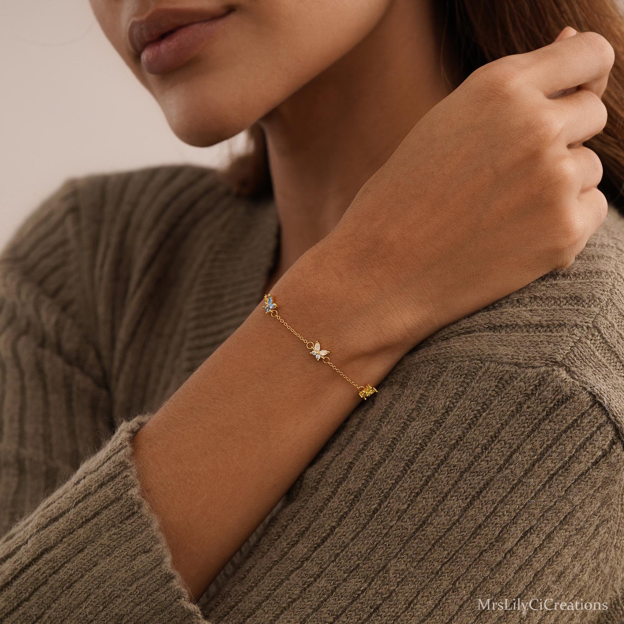 Custom Butterfly Birthstone Bracelet in Silver or 18K Gold Plate