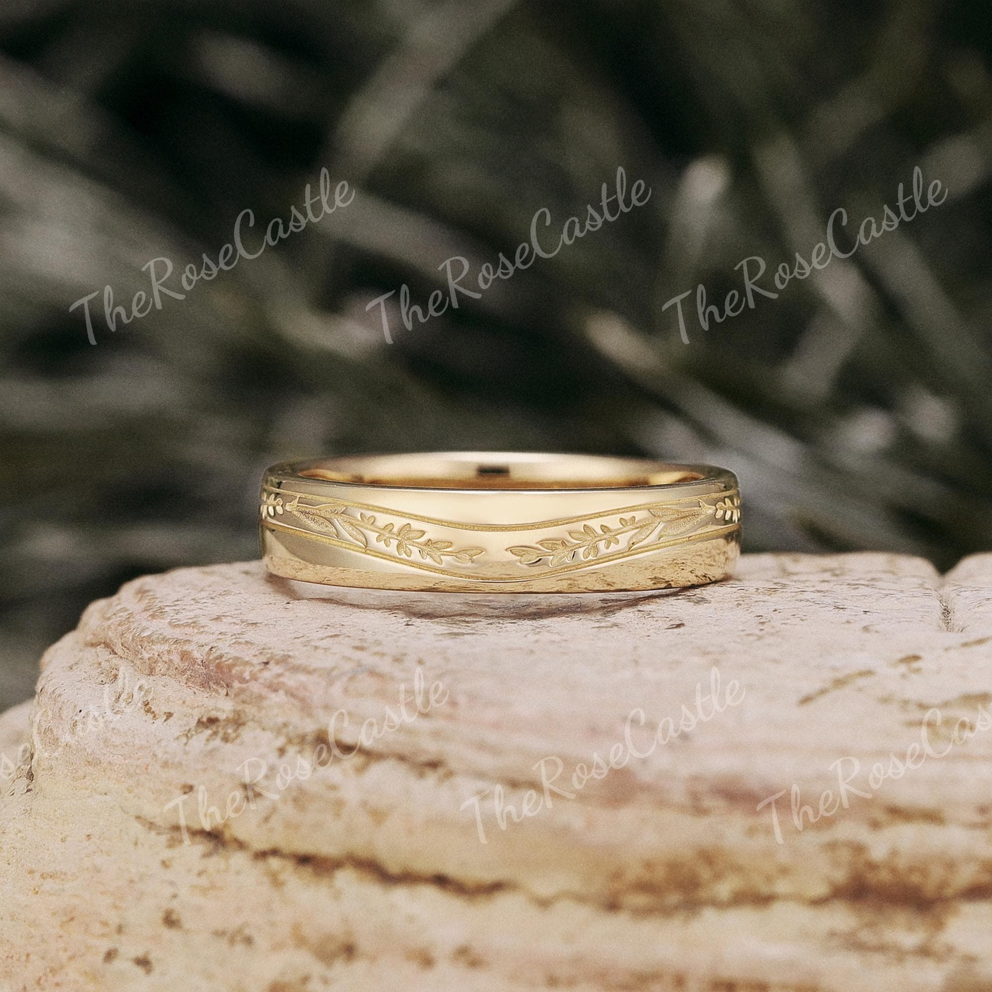 4.3mm Engraved Lavender Gold Wedding Band, Half Eternity Men's Ring