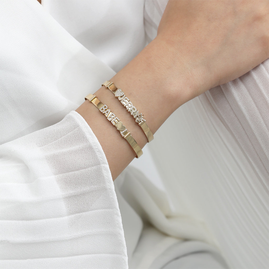 14K Gold Diamond Sliding Charm Bangle Bracelet