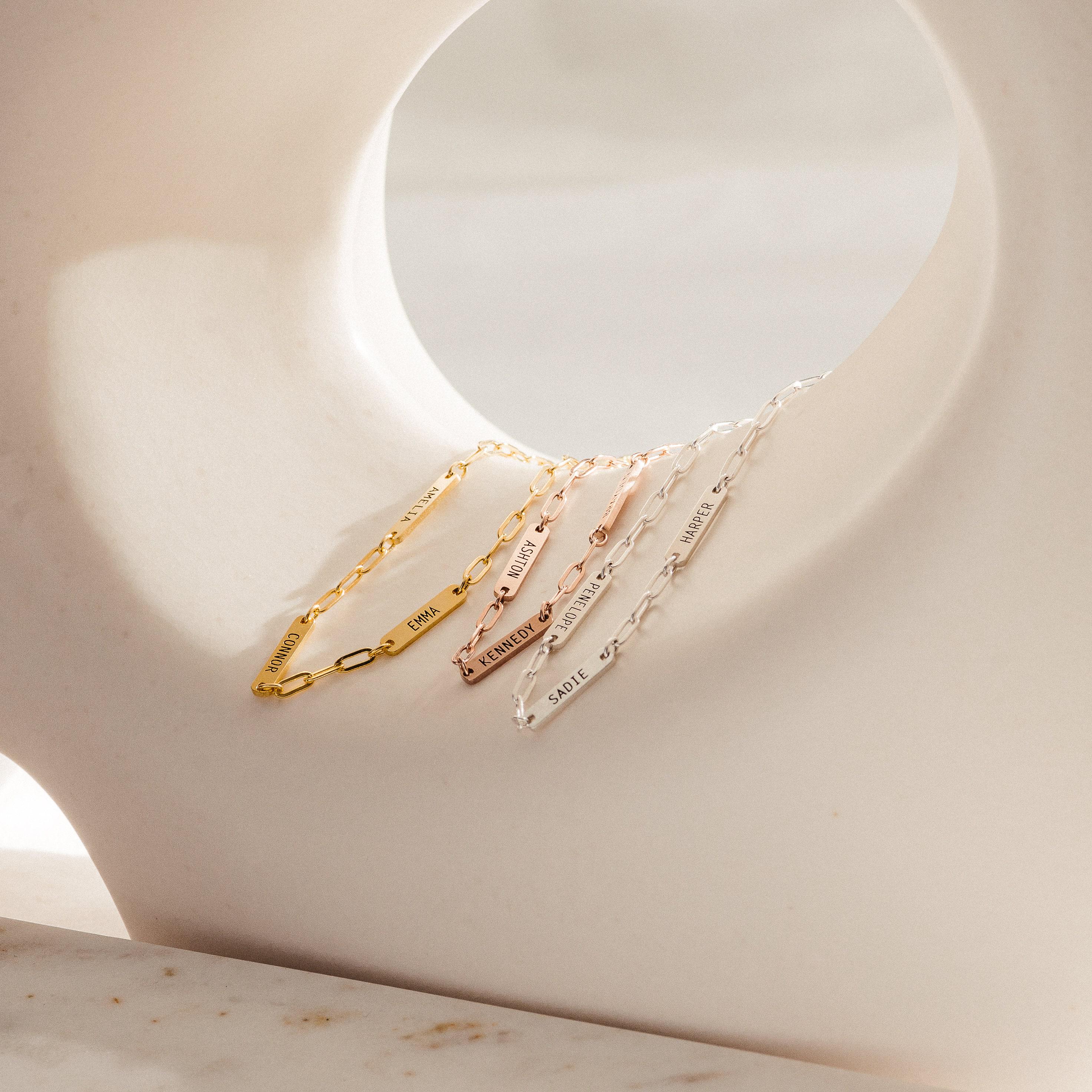 Custom Mini Name Bar Bracelet in Sterling Silver on a Paperclip Chain