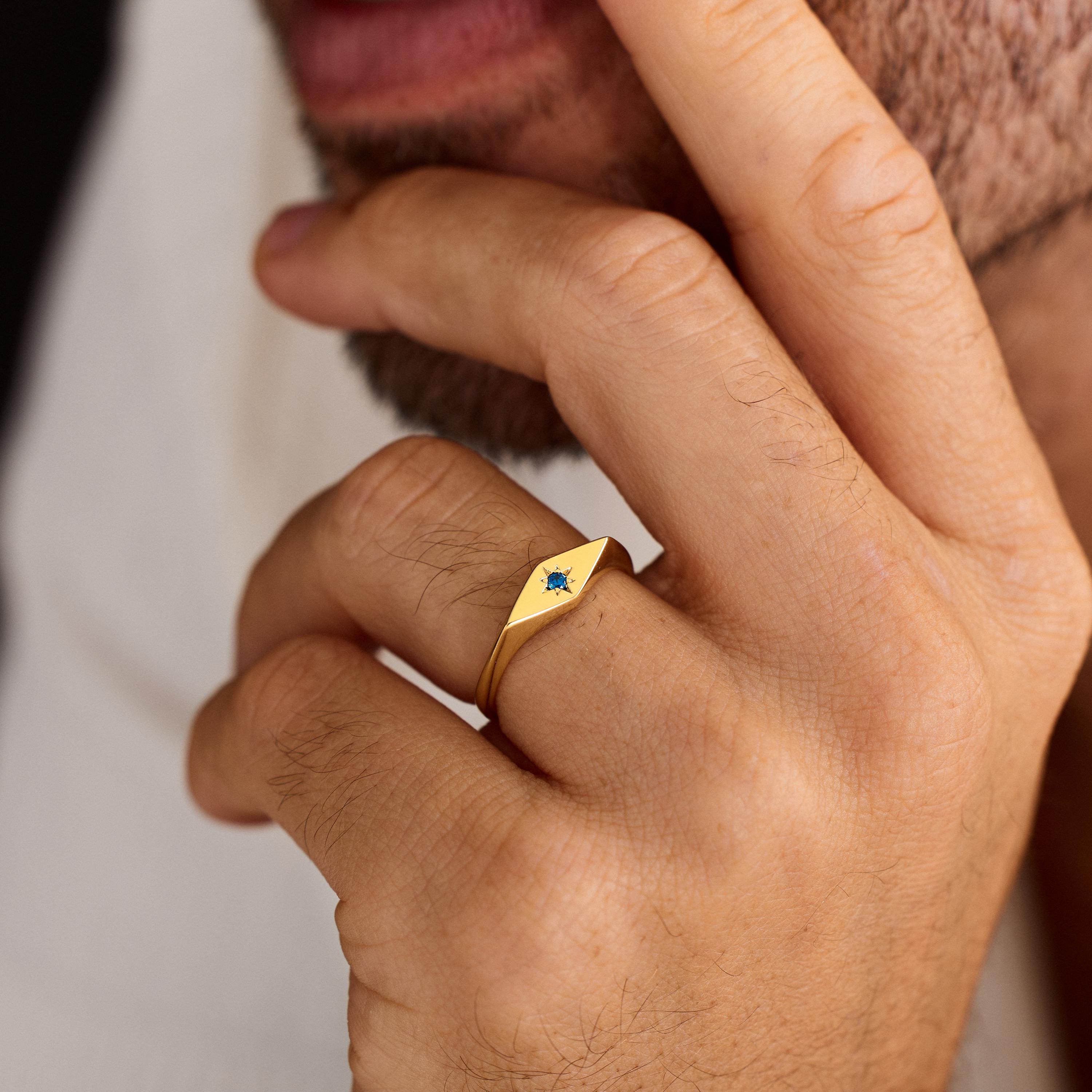 Birthstone Signet Ring With Star Setting for Men