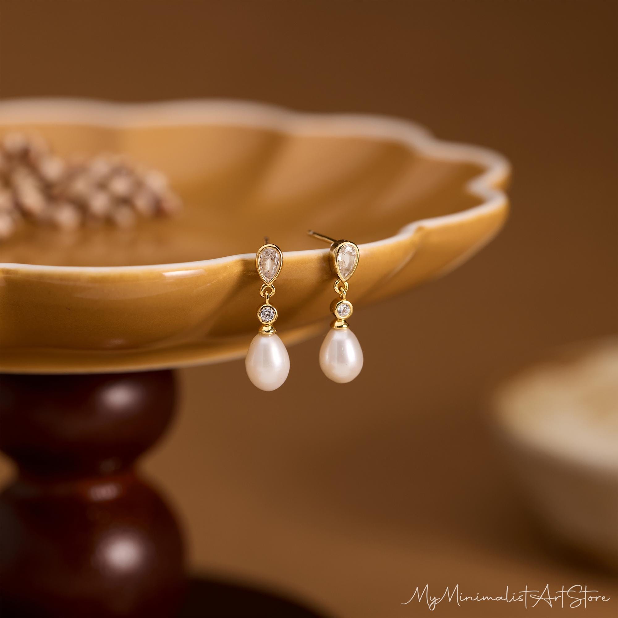 Natural Freshwater Pearl Drop Earrings with Cubic Zirconia Accents