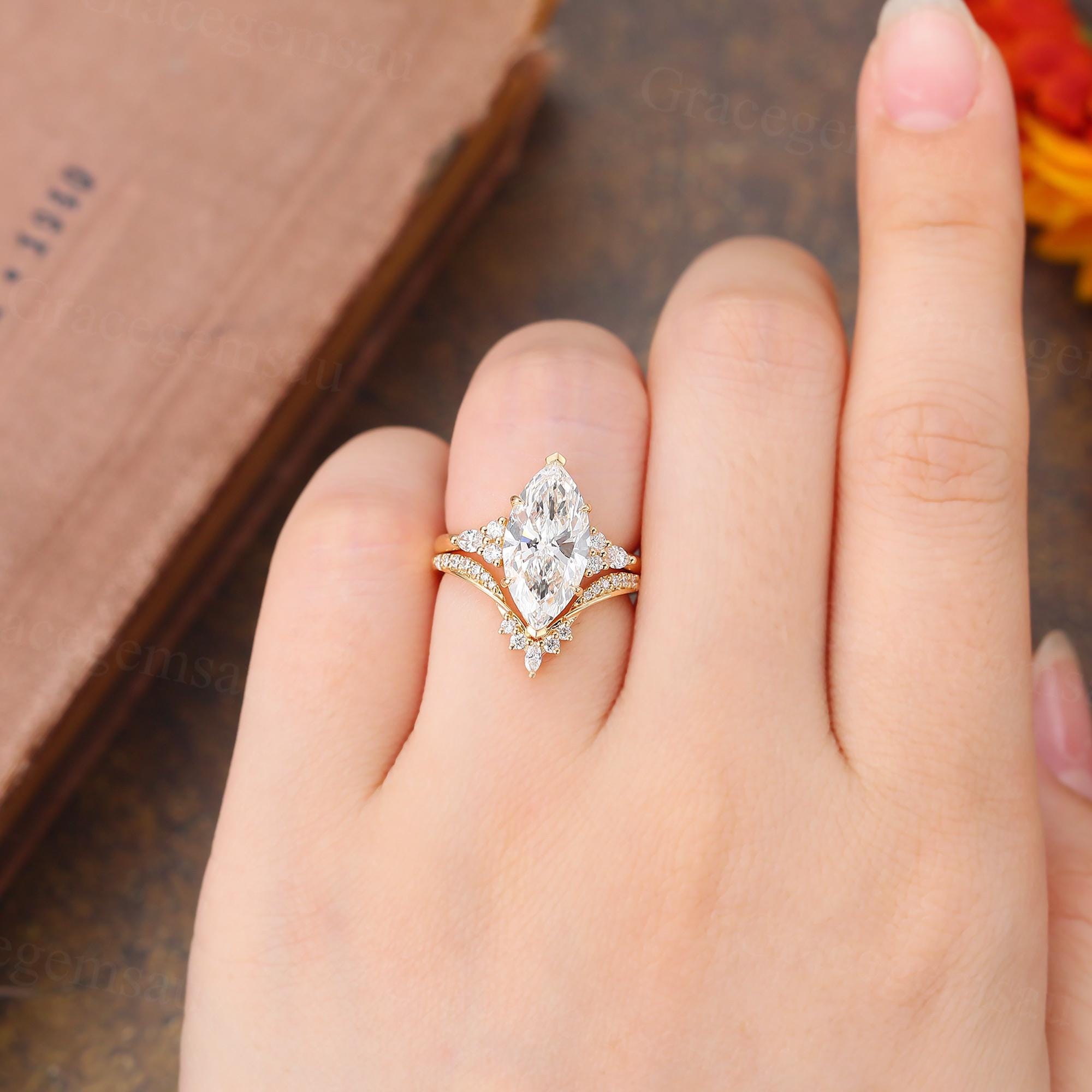 Marquise Lab Grown Diamond Bridal Set, Cluster Prong Filigree