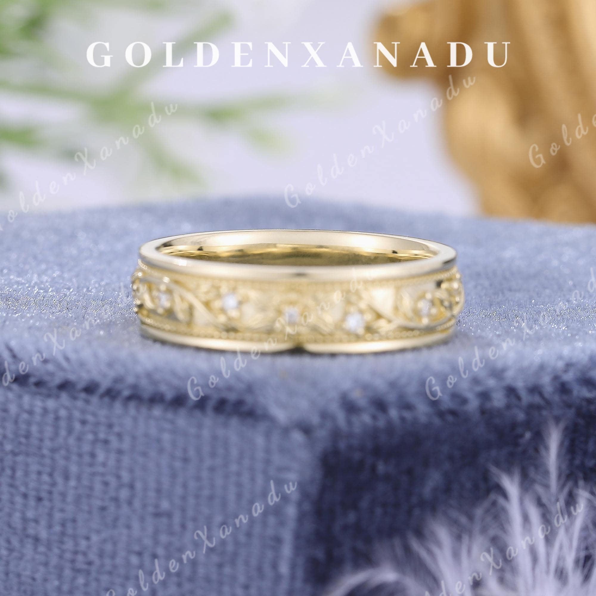 5mm Vintage Floral Engraved Men's Gold Wedding Band