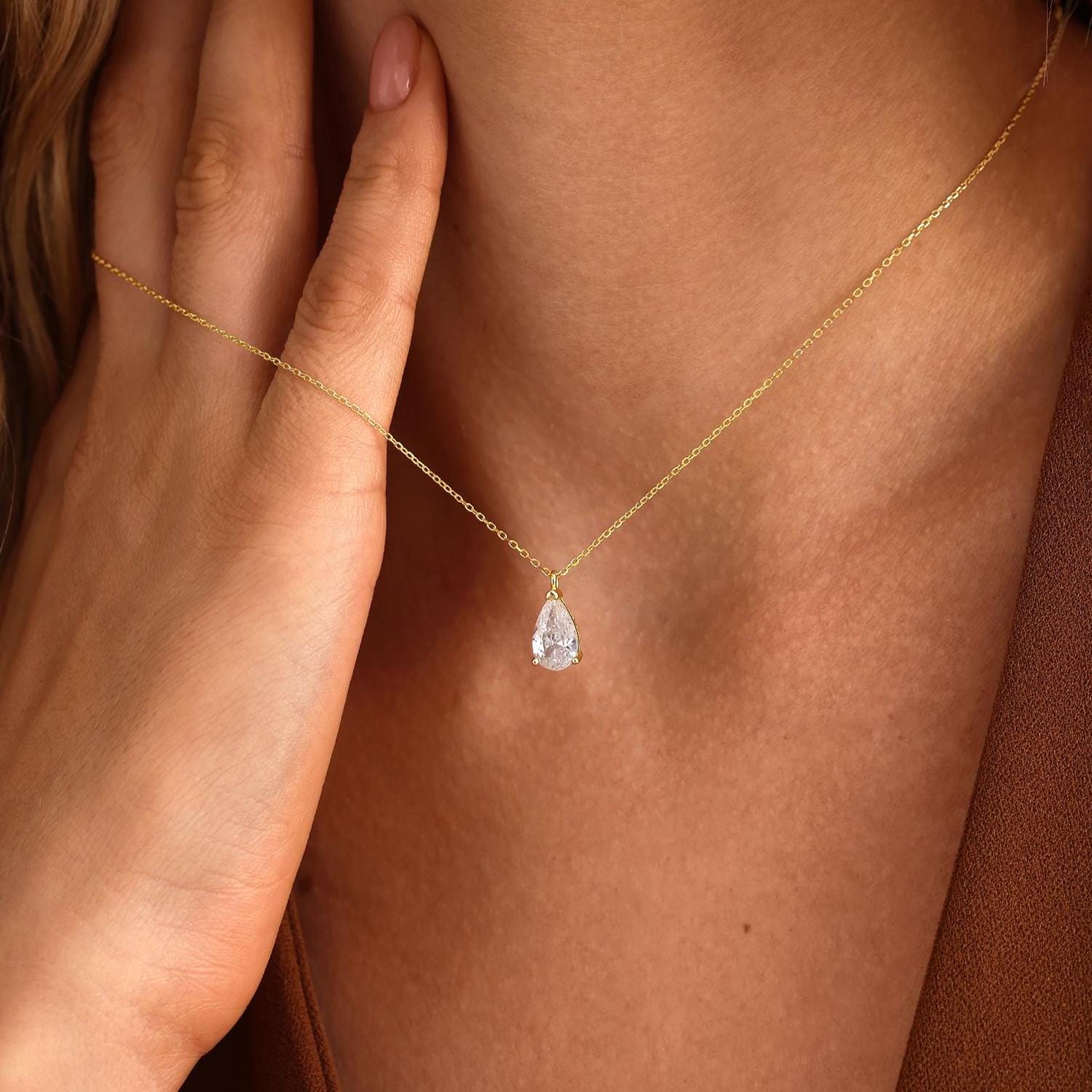 Minimalist Teardrop Necklace in Sterling Silver with Pear Cut Zirconia
