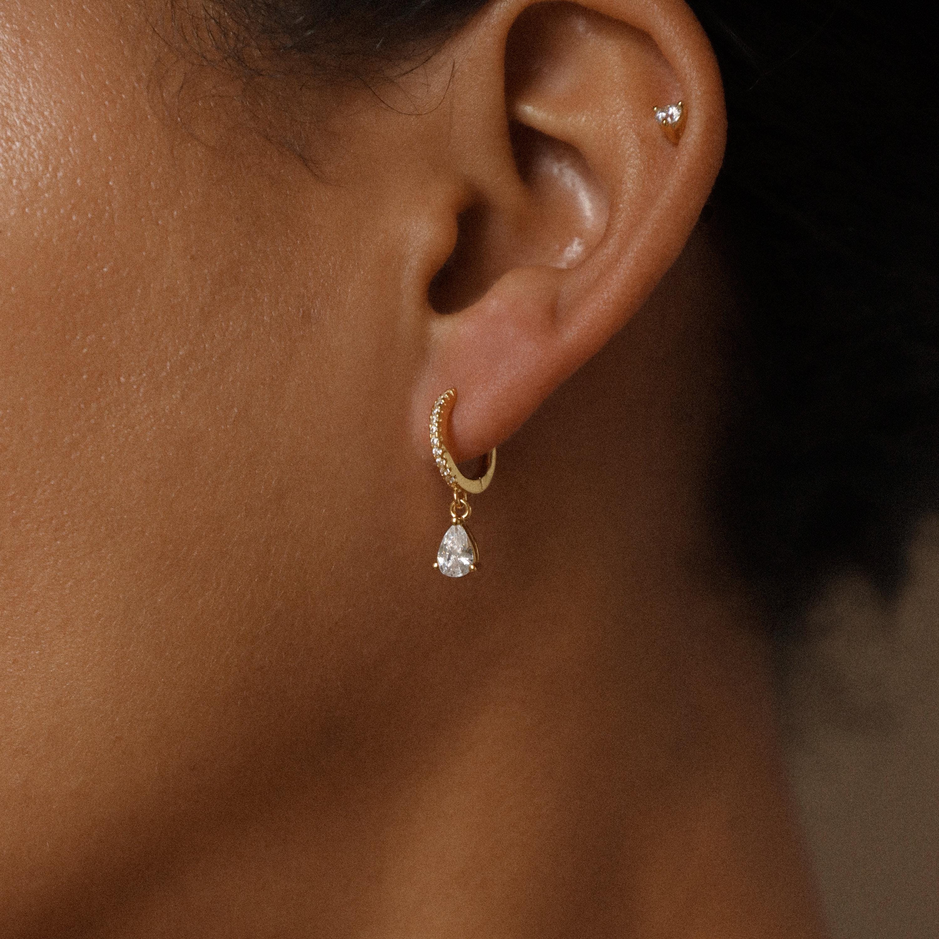 Pave Diamond Huggie Hoop Drop Earrings with Birthstone Charm