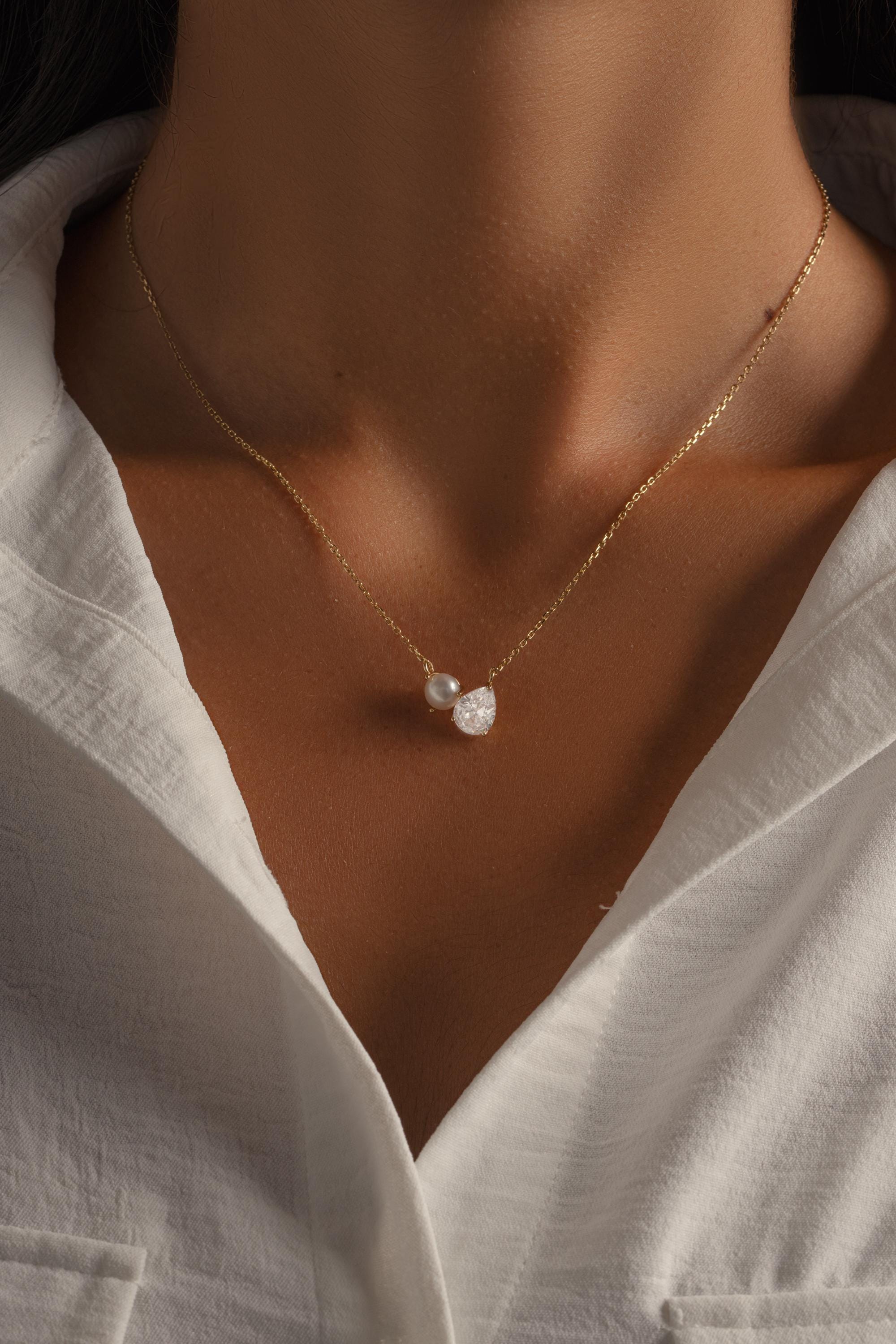 Toi et Moi Necklace with Freshwater Pearl and Pear Cut Stone