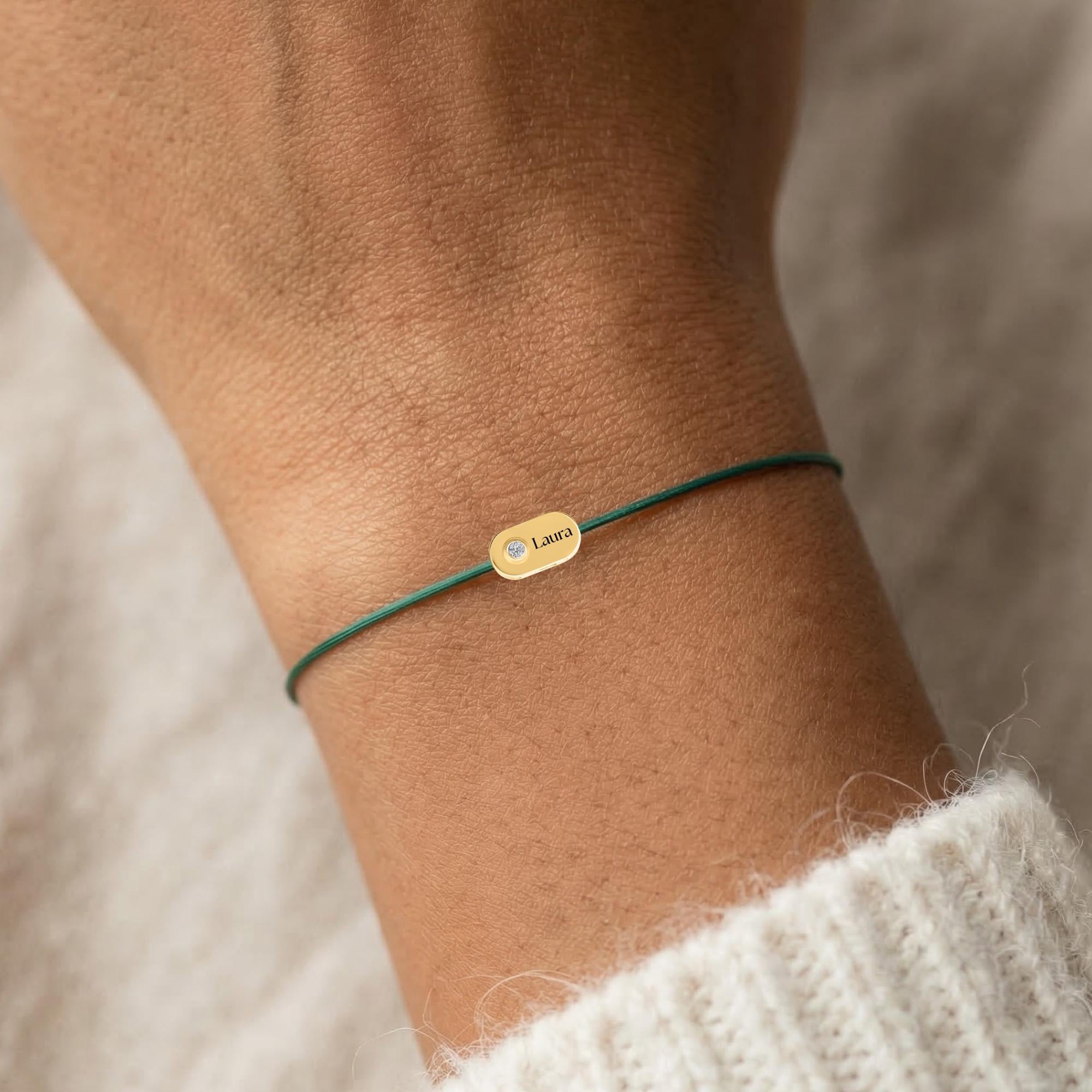 Personalized 14K Solid Gold Initial Bracelet with Natural Diamond on Silk Thread
