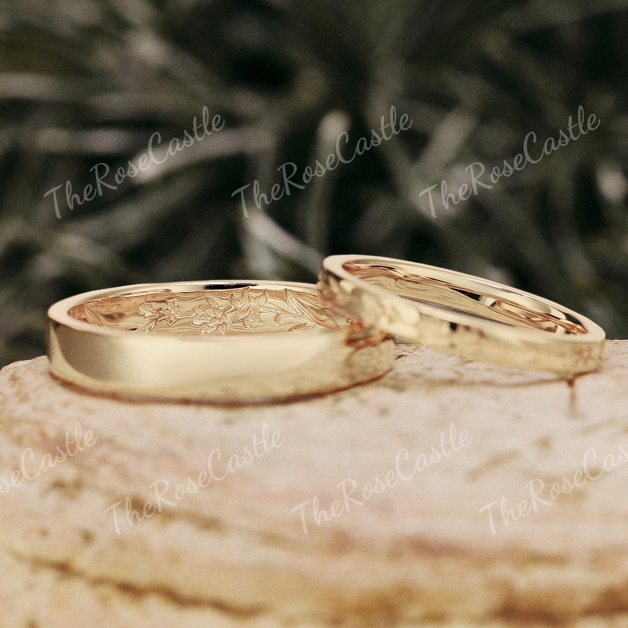 Floral Engraved Wedding Band Set, Matching Couple Bands