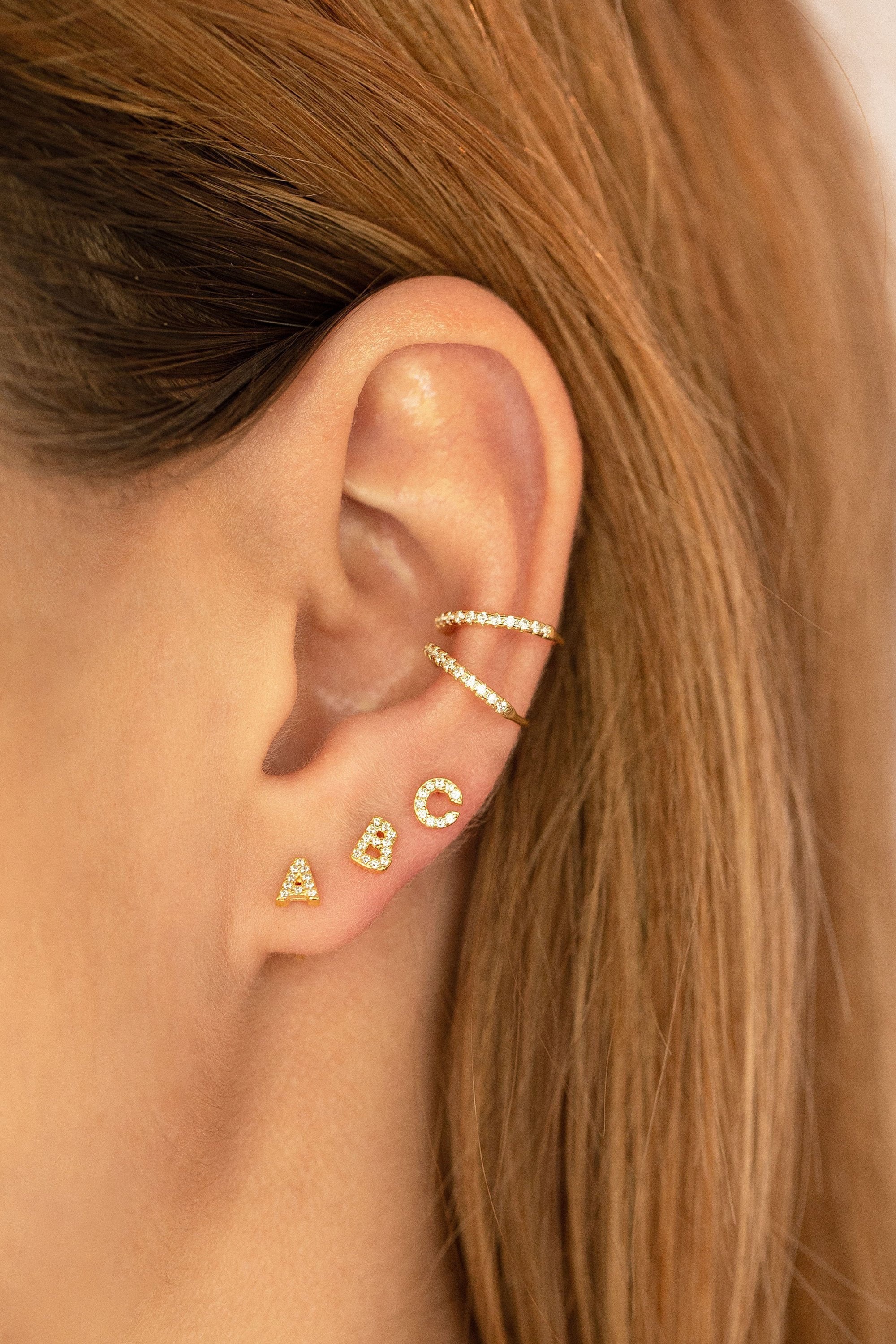 Small Initial Letter Stud Earrings with Cubic Zirconia