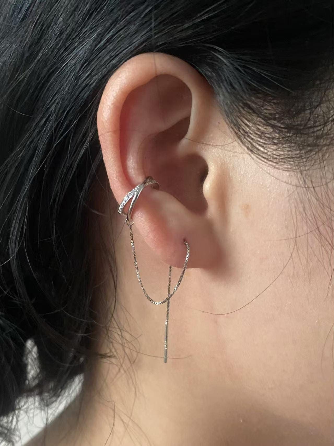 925 Silver Threader Earring with Gold Plated Ear Cuff and CZ Chain