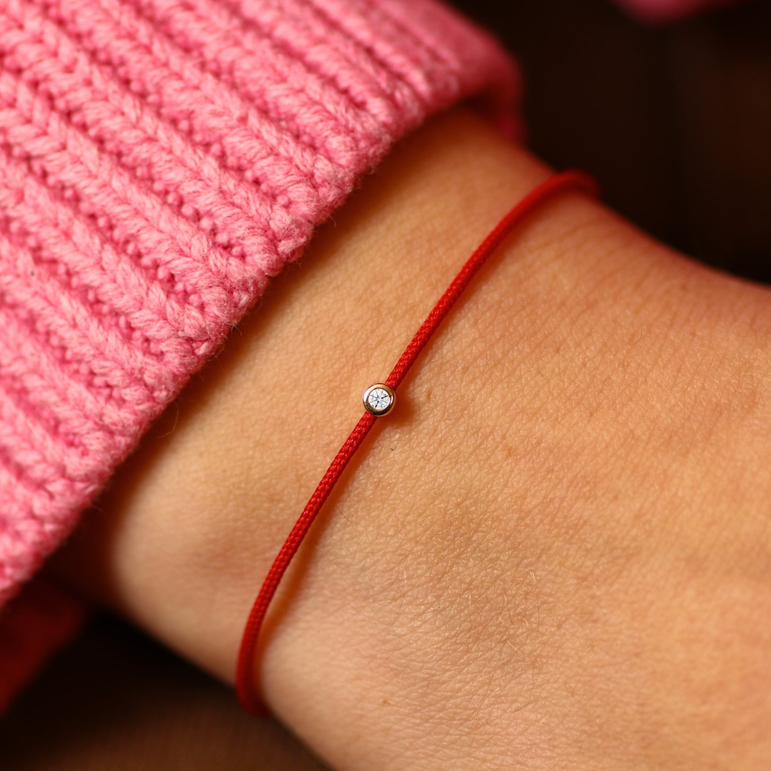 14K Solid Gold Diamond String Bracelet on Silk Thread
