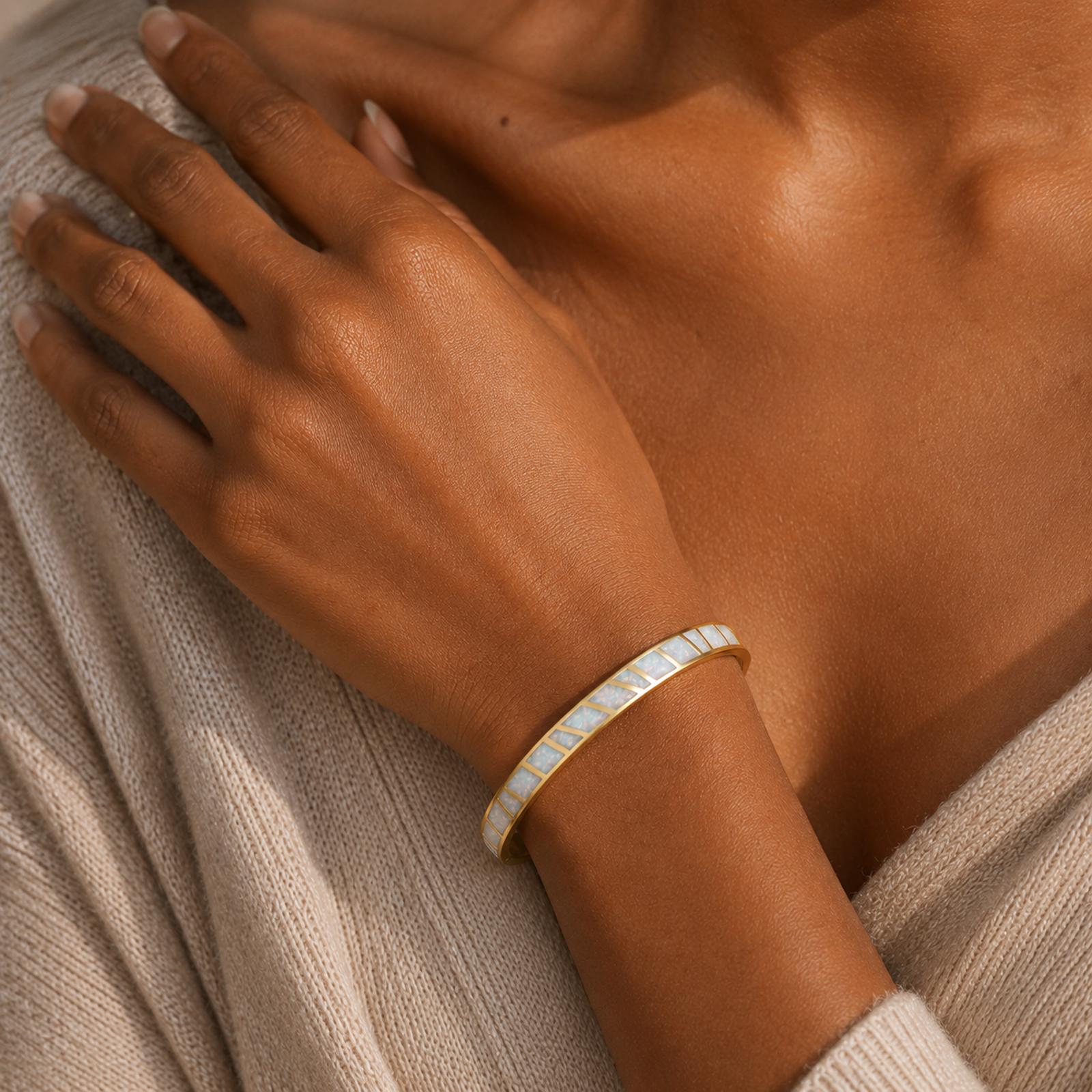 Opal Cuff Bracelet with Custom Engraving in Gold Plated Finish