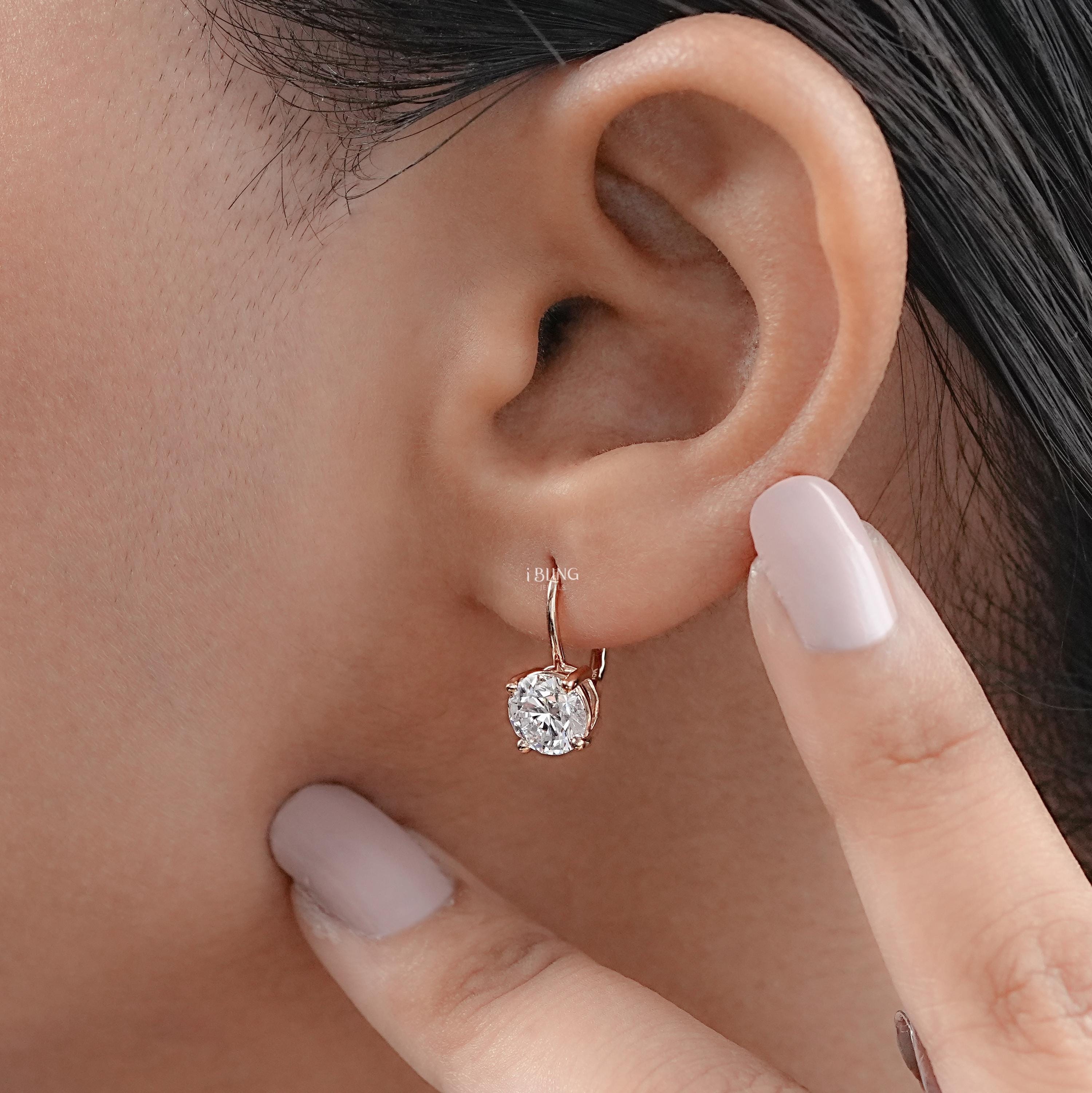 Round Cut Lab Diamond Drop Earrings in 14K Yellow Gold with Lever Backs