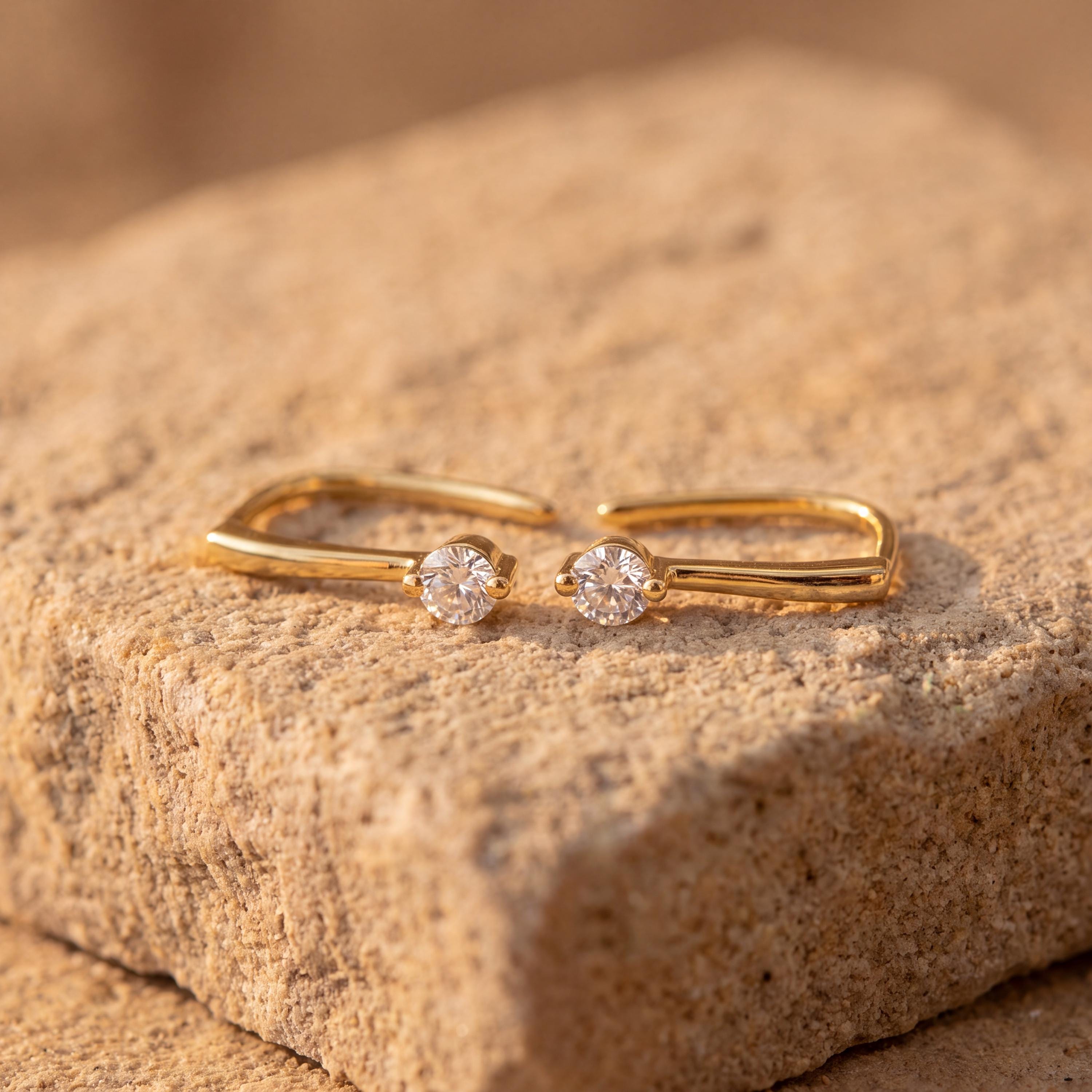 Minimalist Vertical Bar Drop Earrings with a Round Cubic Zirconia Solitaire
