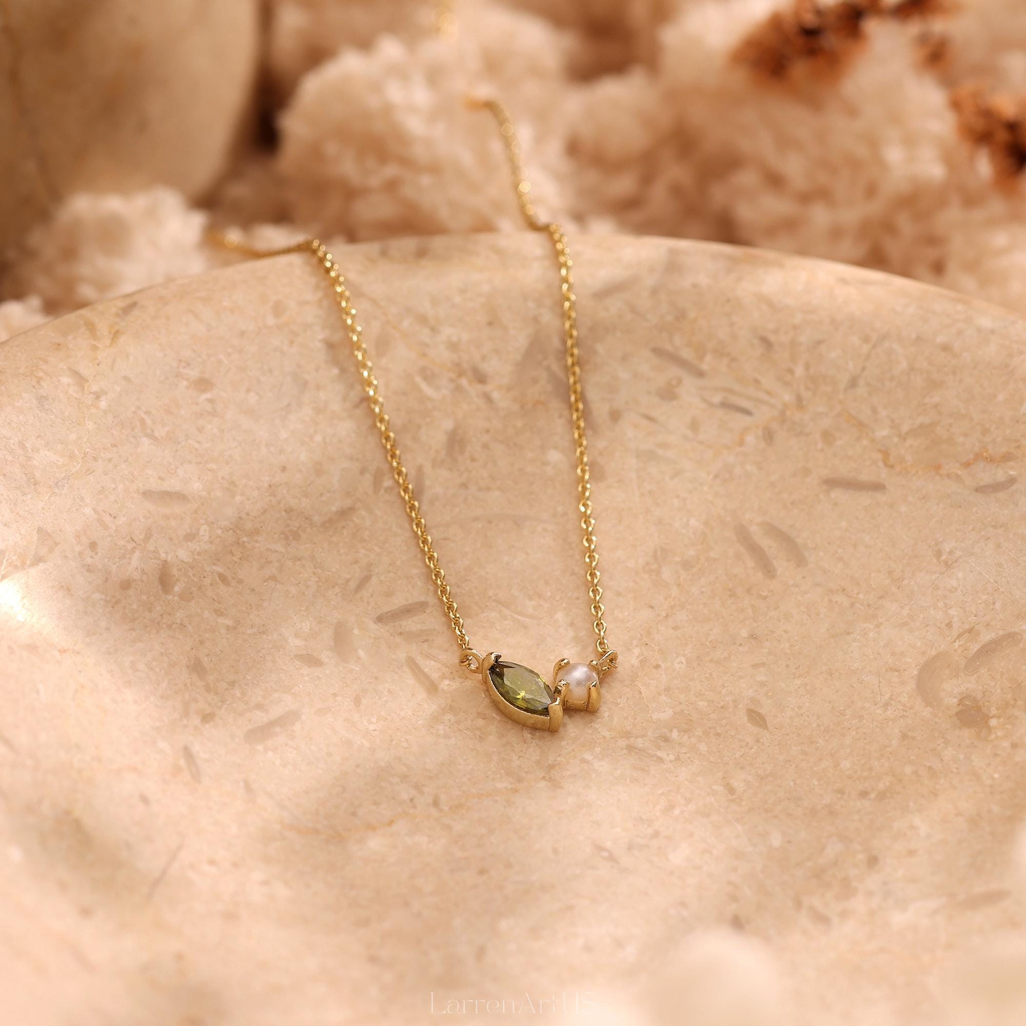 Marquise Birthstone and Pearl Necklace, Personalized Gemstone Pendant
