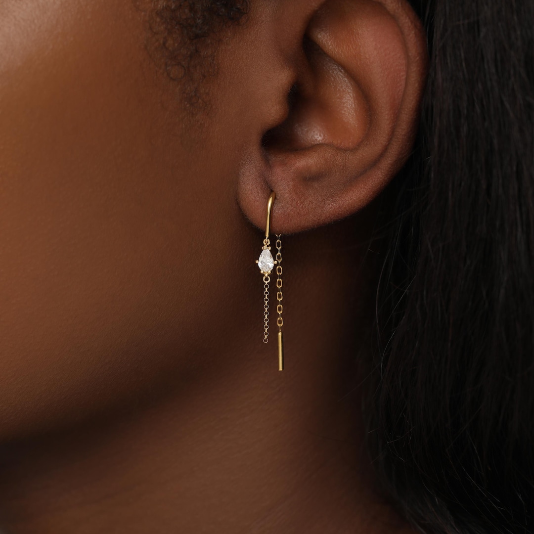 Sterling Silver Teardrop Threader Earrings with Pear Cut Zircon