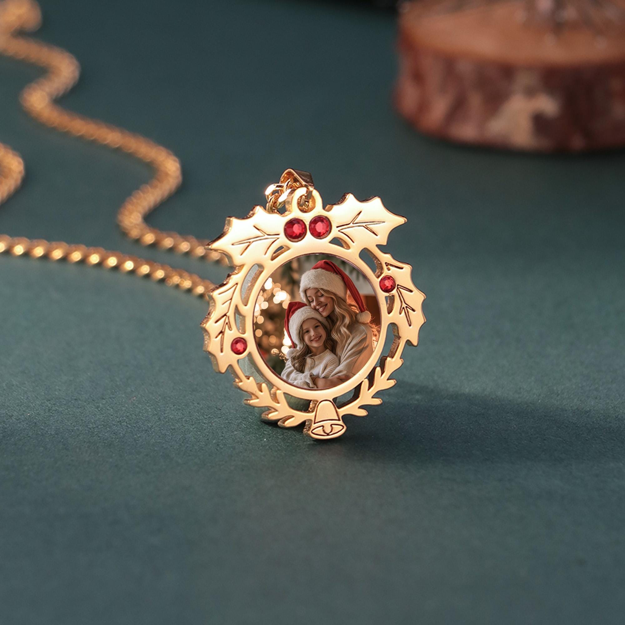 Christmas Wreath Photo Necklace with Red Cubic Zirconia