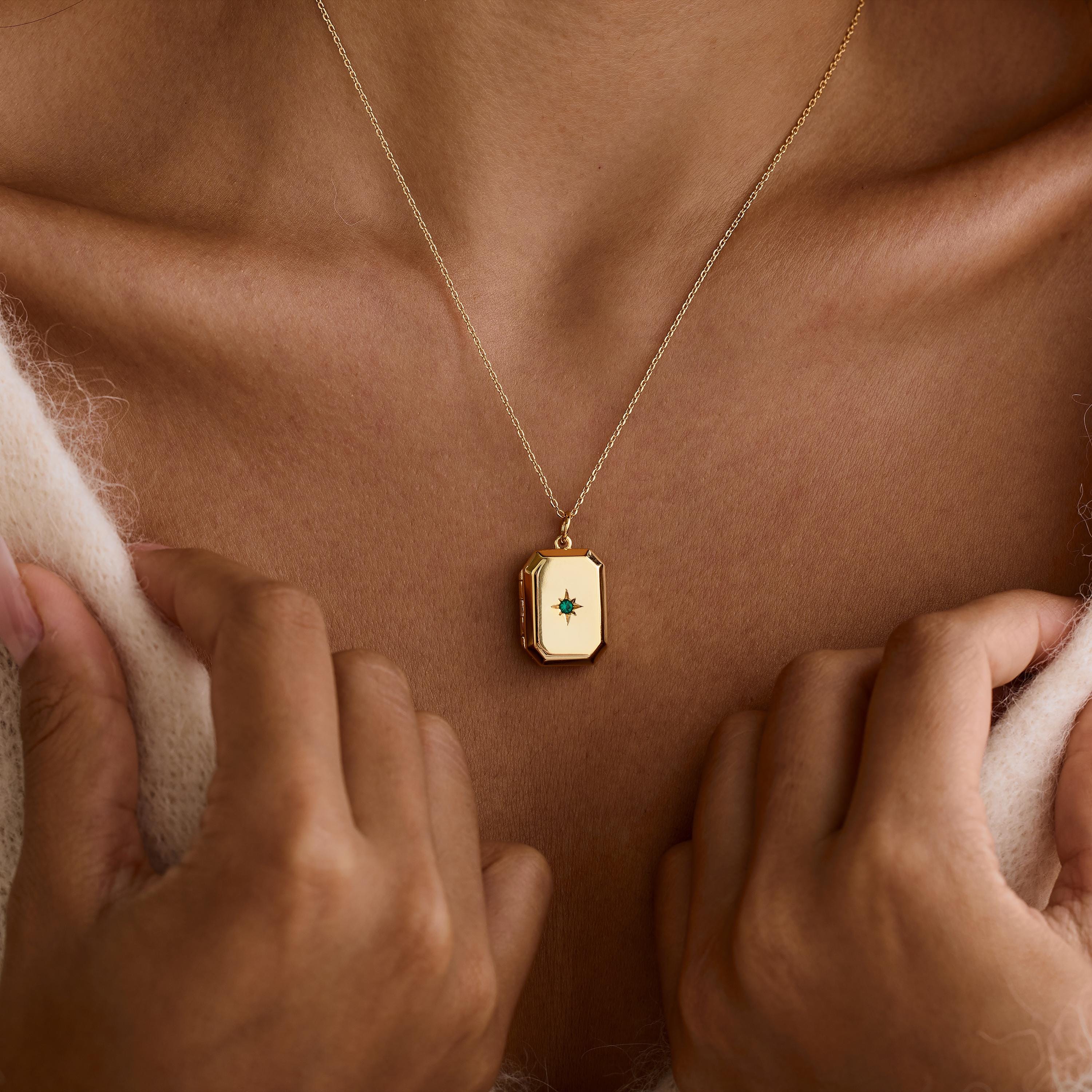 Custom Rectangular Locket Necklace with Birthstone and Photo