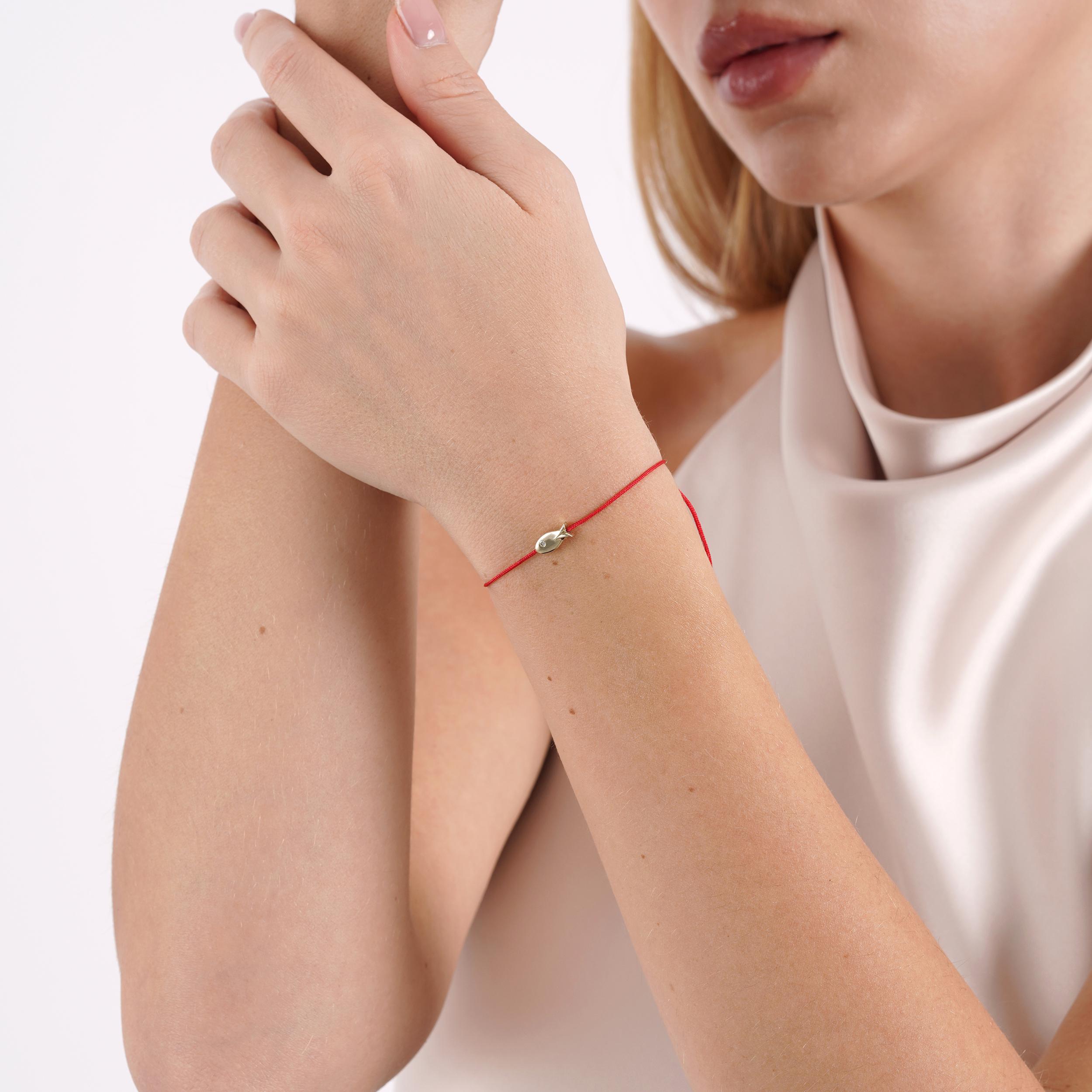 14K Solid Gold Fish Bracelet with Diamond Eye on Red Cord