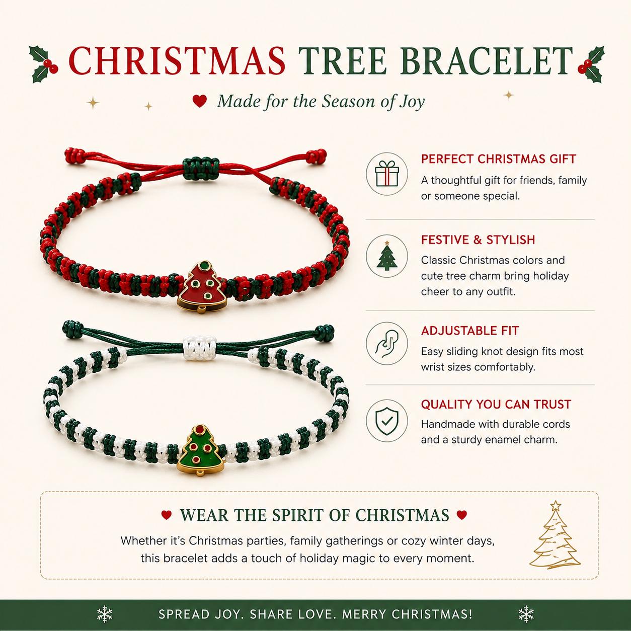 Handwoven Christmas Bracelet with Red and Green Cord and Tree Charm
