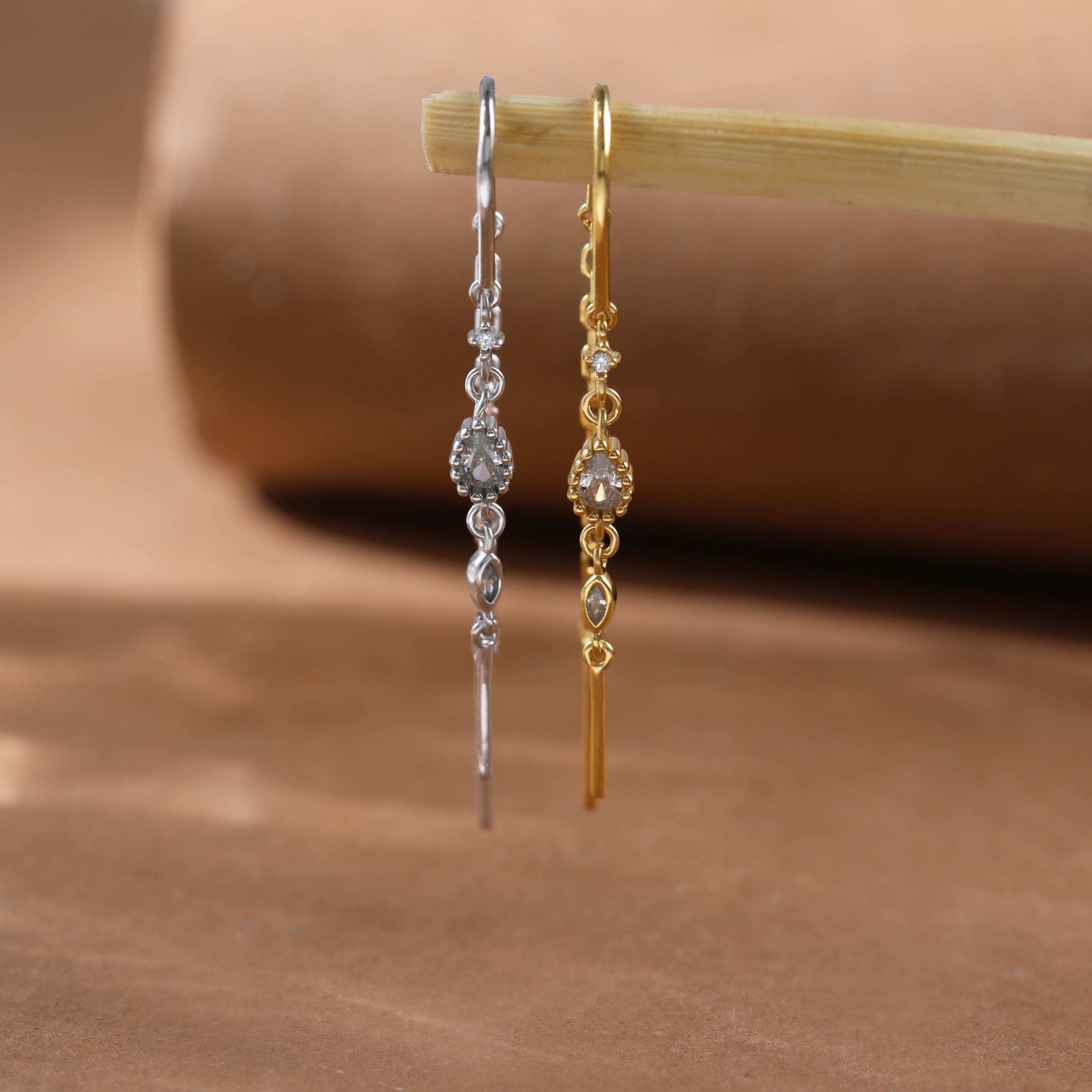14K Gold Plated Threader Earring with Cubic Zirconia and Curved Bar