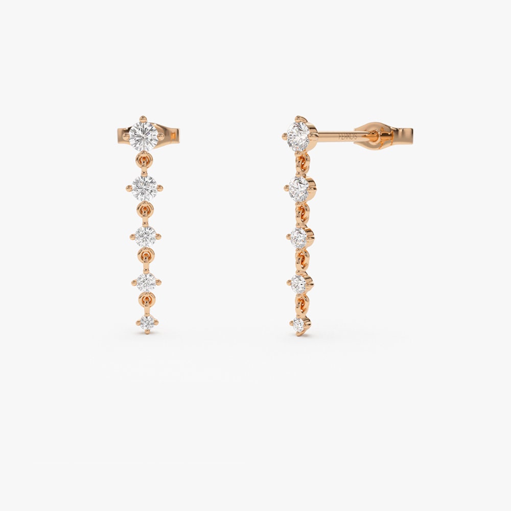 14K Gold Dangling Four Prong Natural Diamond Drop Earrings